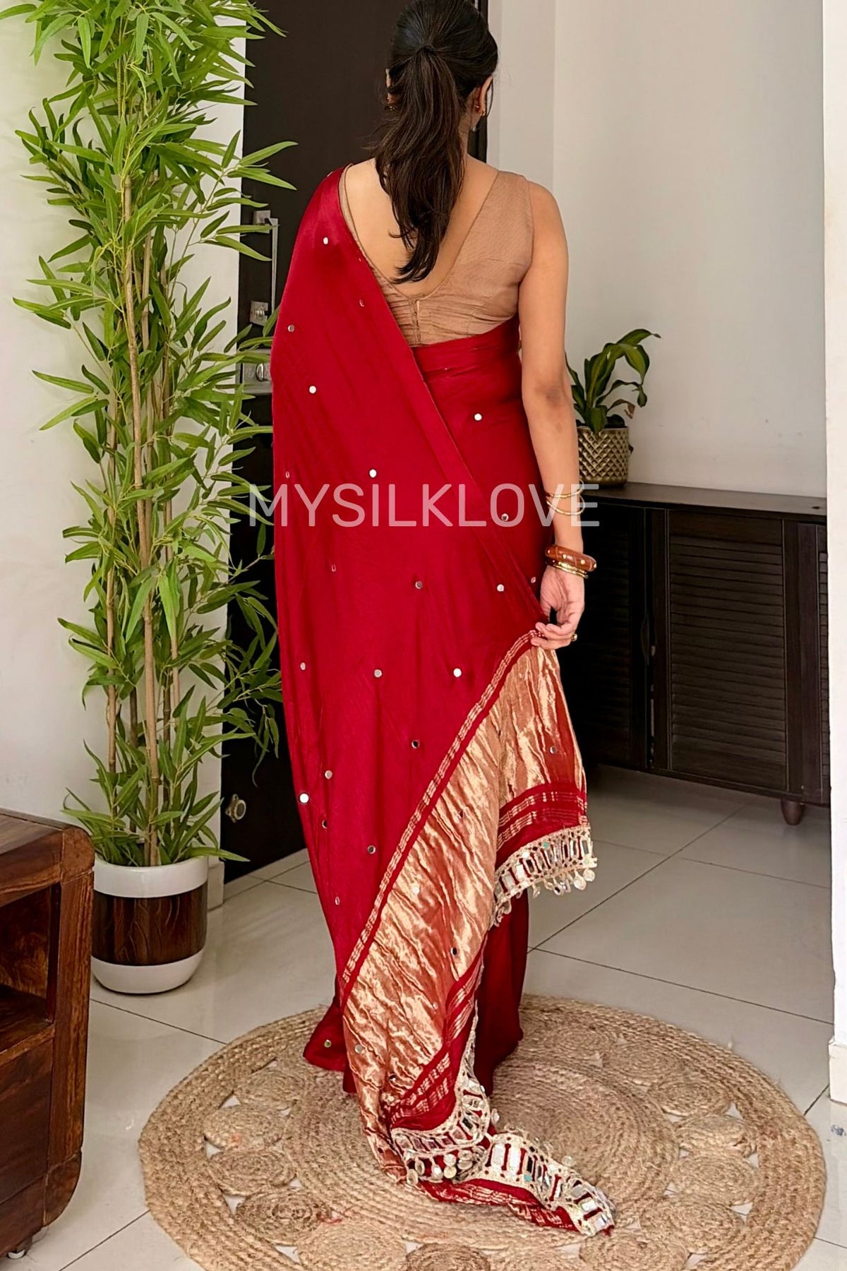 Buy MySilkLove Carmine Red Pure Gajji Modal Silk Mirror Work Saree with Lagdi Zari Pallu Online