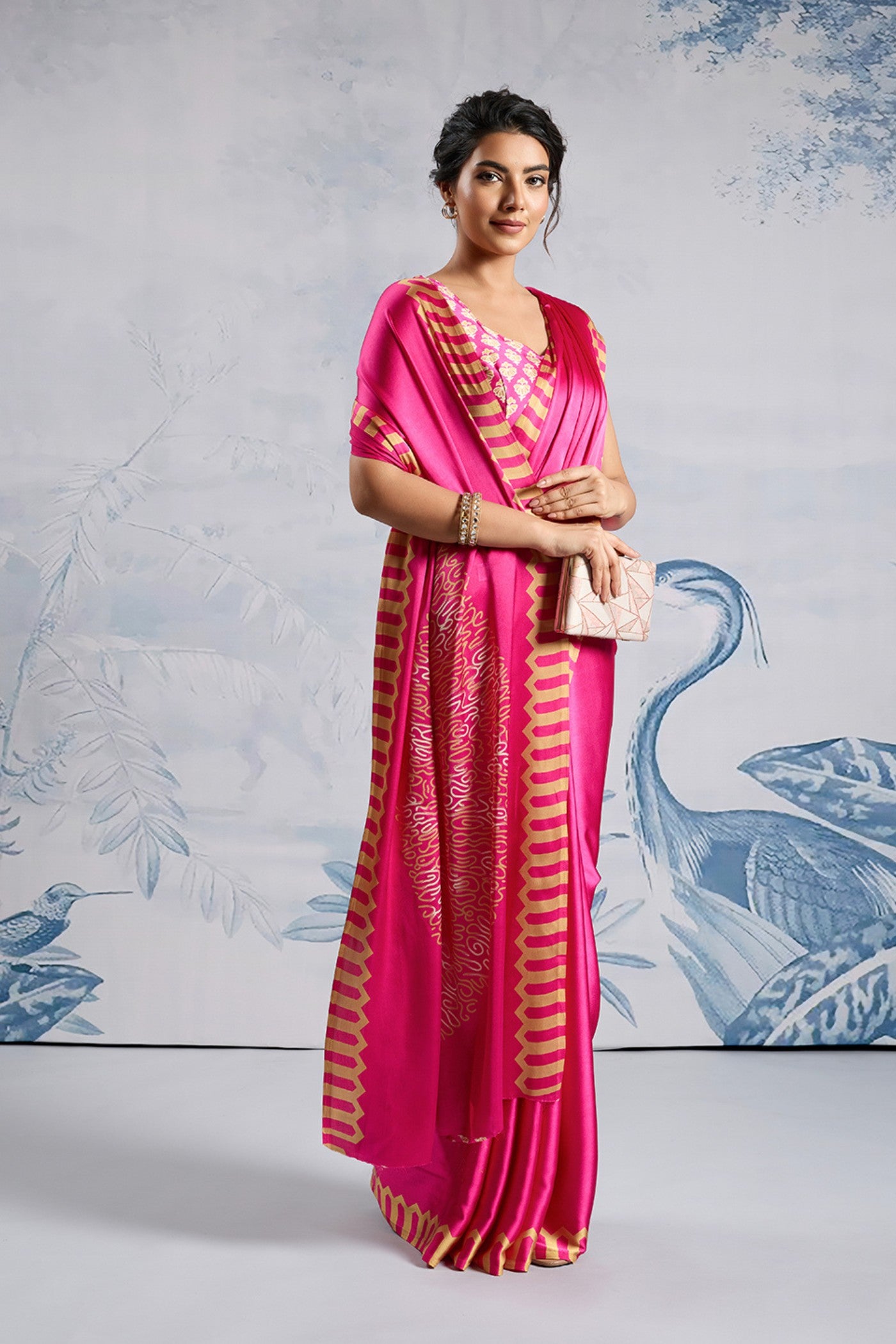 Buy MySilkLove Rani Pink Printed Satin Crepe Silk Saree Online