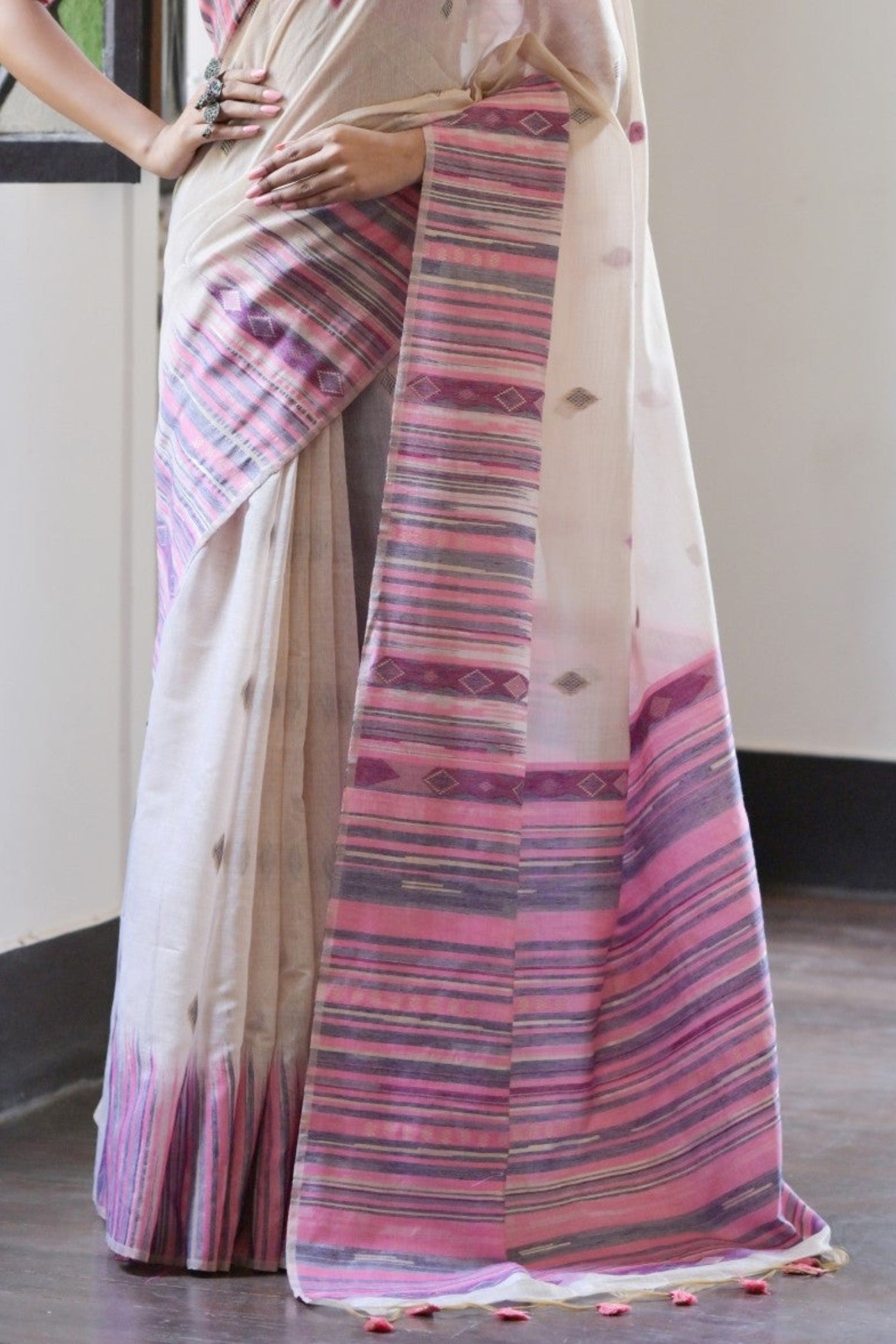 Buy MySilkLove Smoke White and Purple Muga Cotton Saree Online