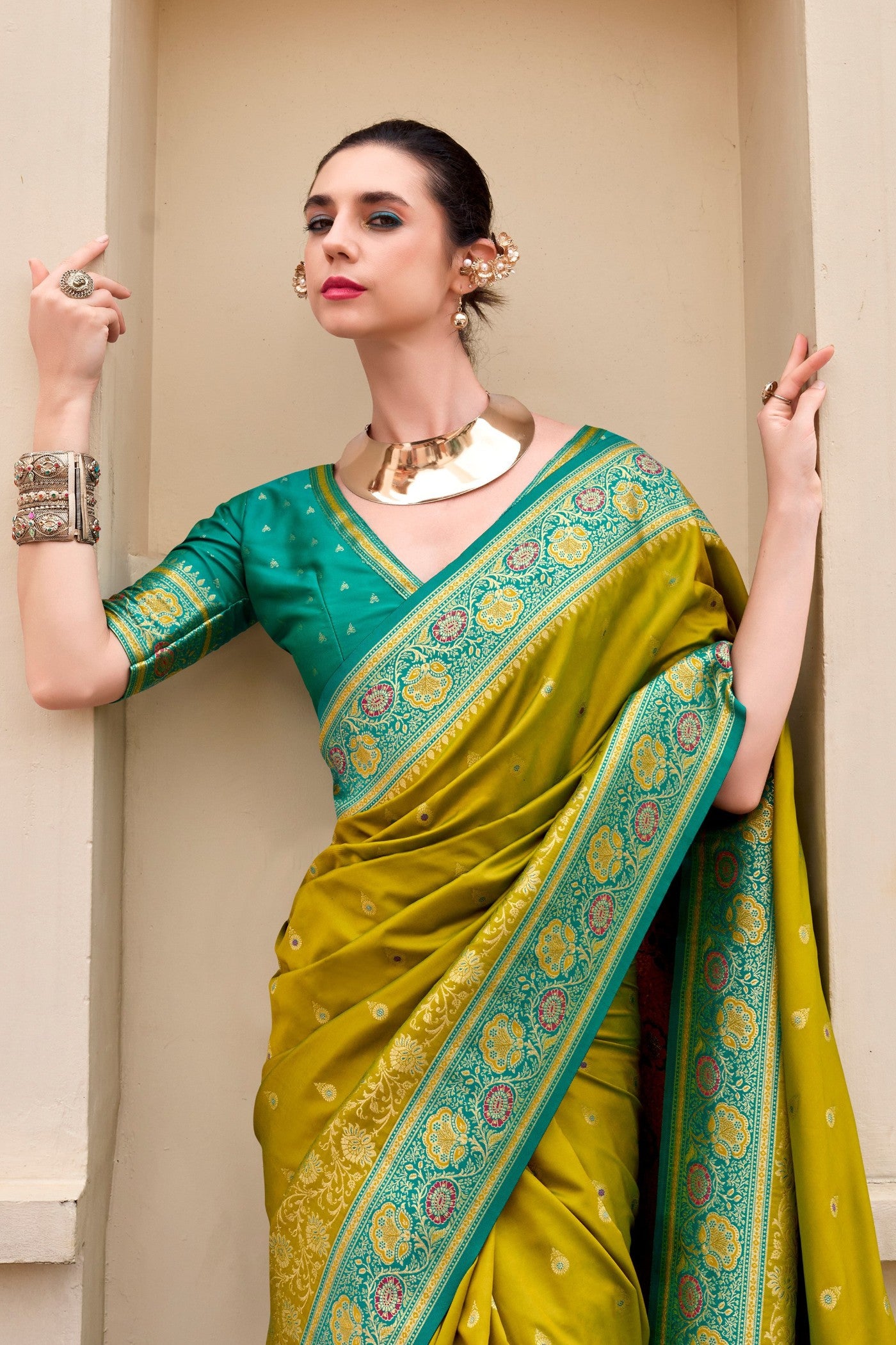 MySilkLove Olive Green Woven Banarasi Saree