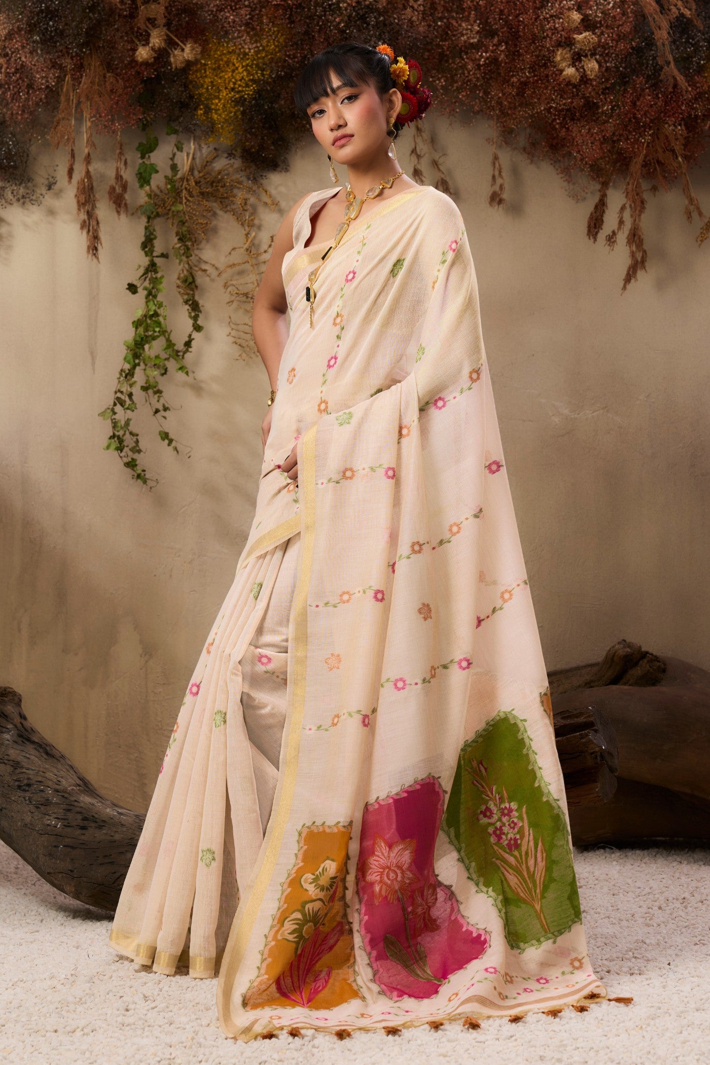 MySilkLove Coconut Cream Handloom Muga Cotton Saree