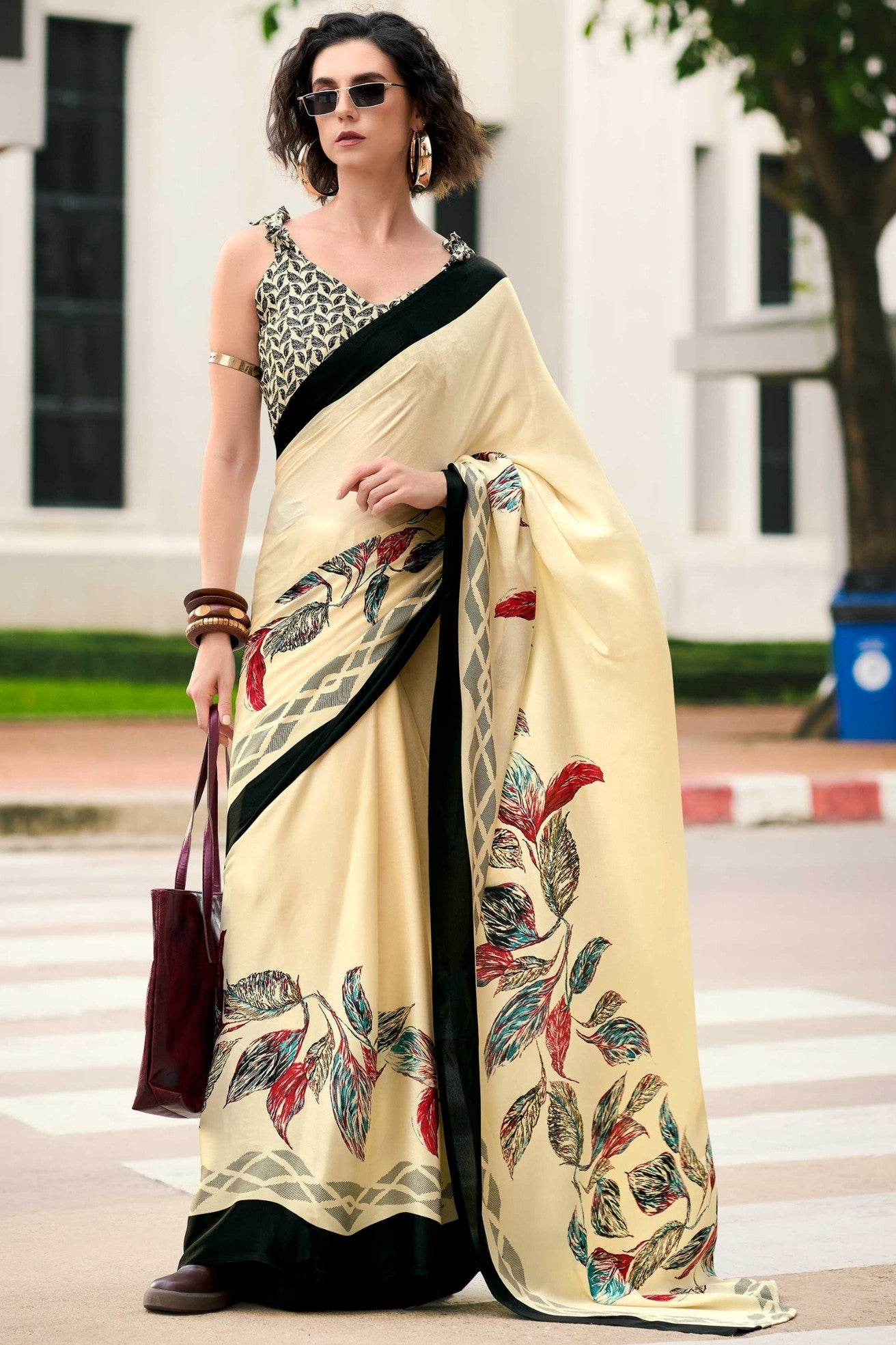 Buy MySilkLove Bisque Cream Printed Satin Crepe Saree Online