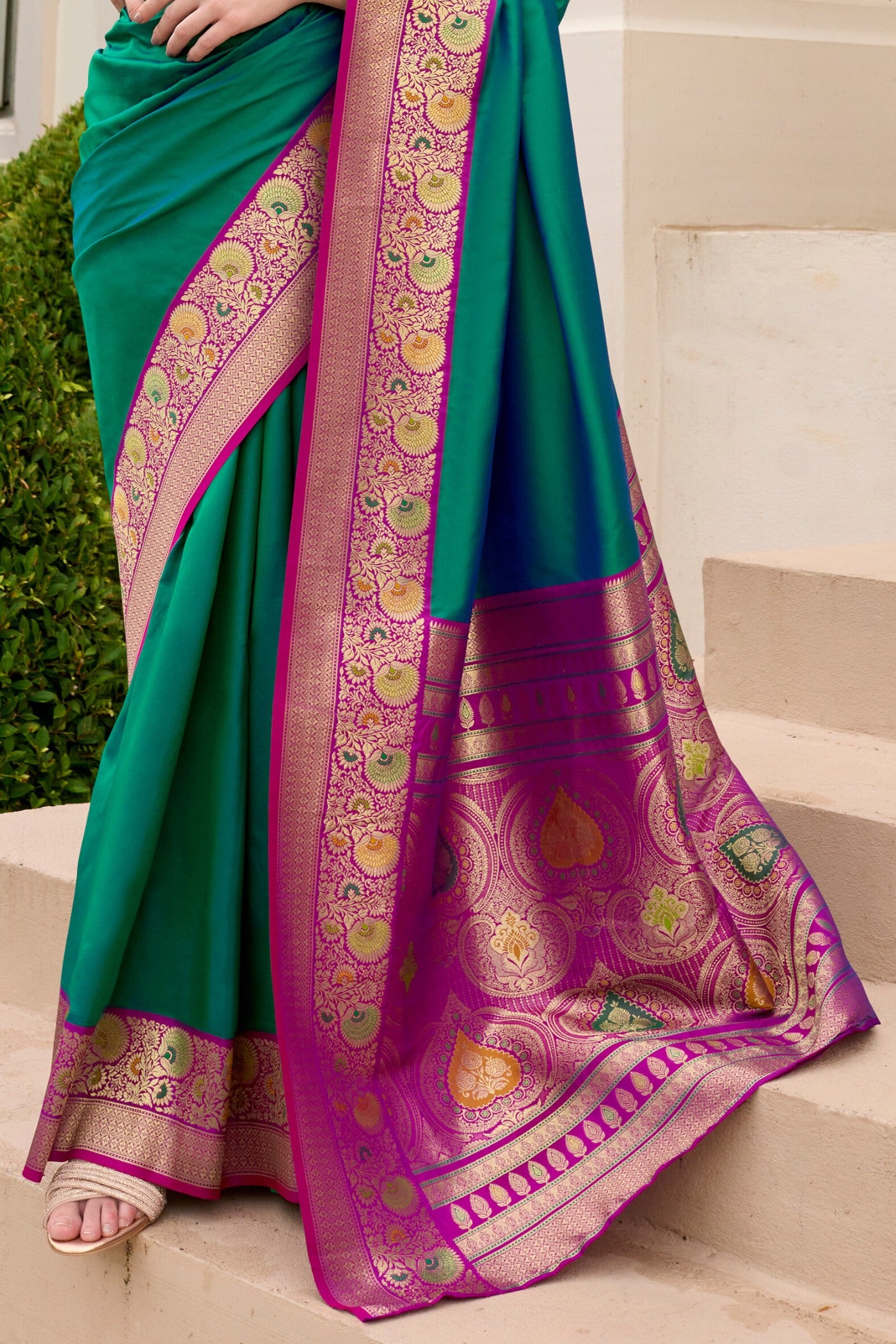 Buy MySilkLove Watercourse Green Woven Banarasi Soft Silk Saree Online