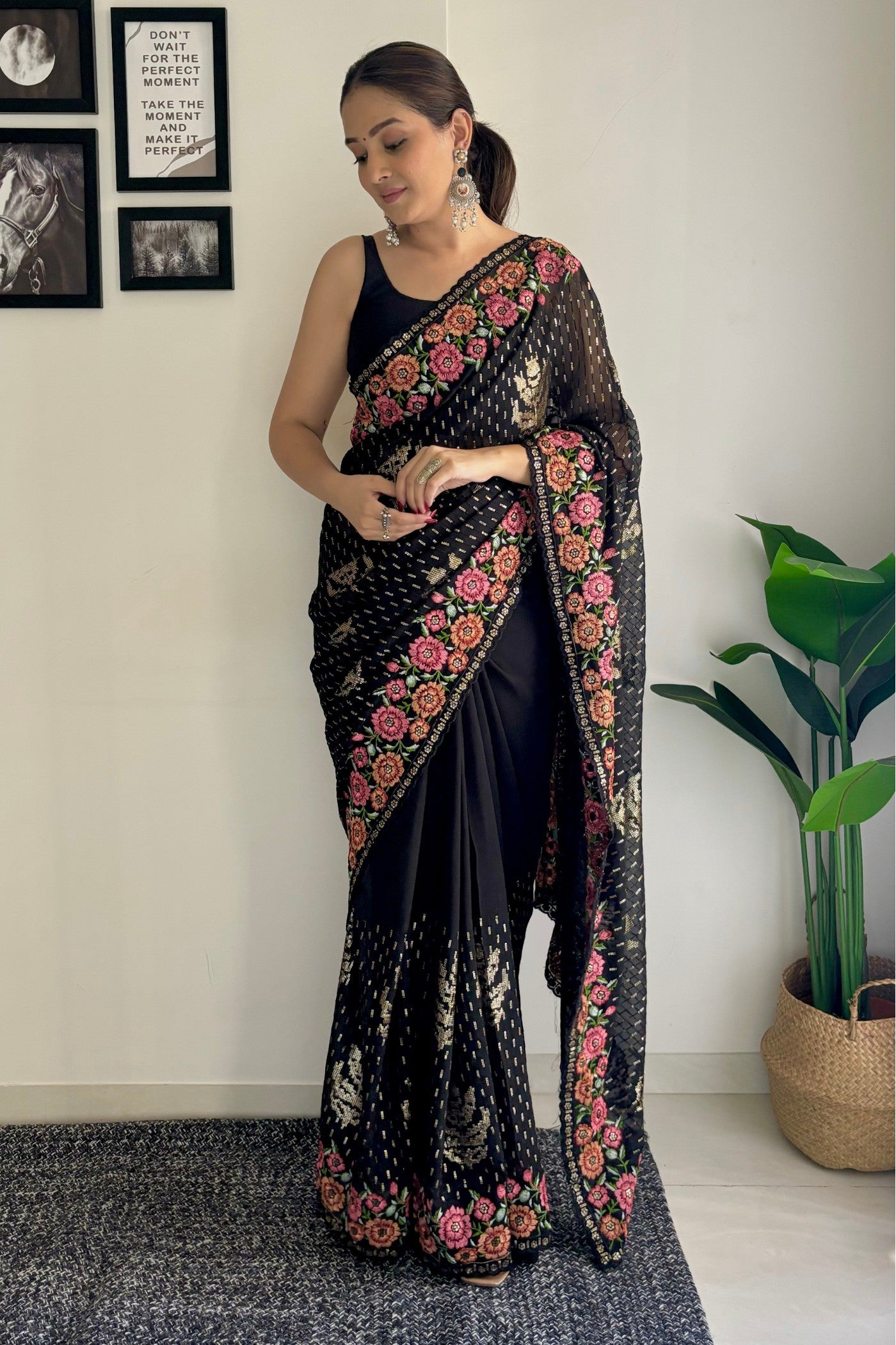 MySilkLove Coral Black Embroidery Designer Georgette Saree