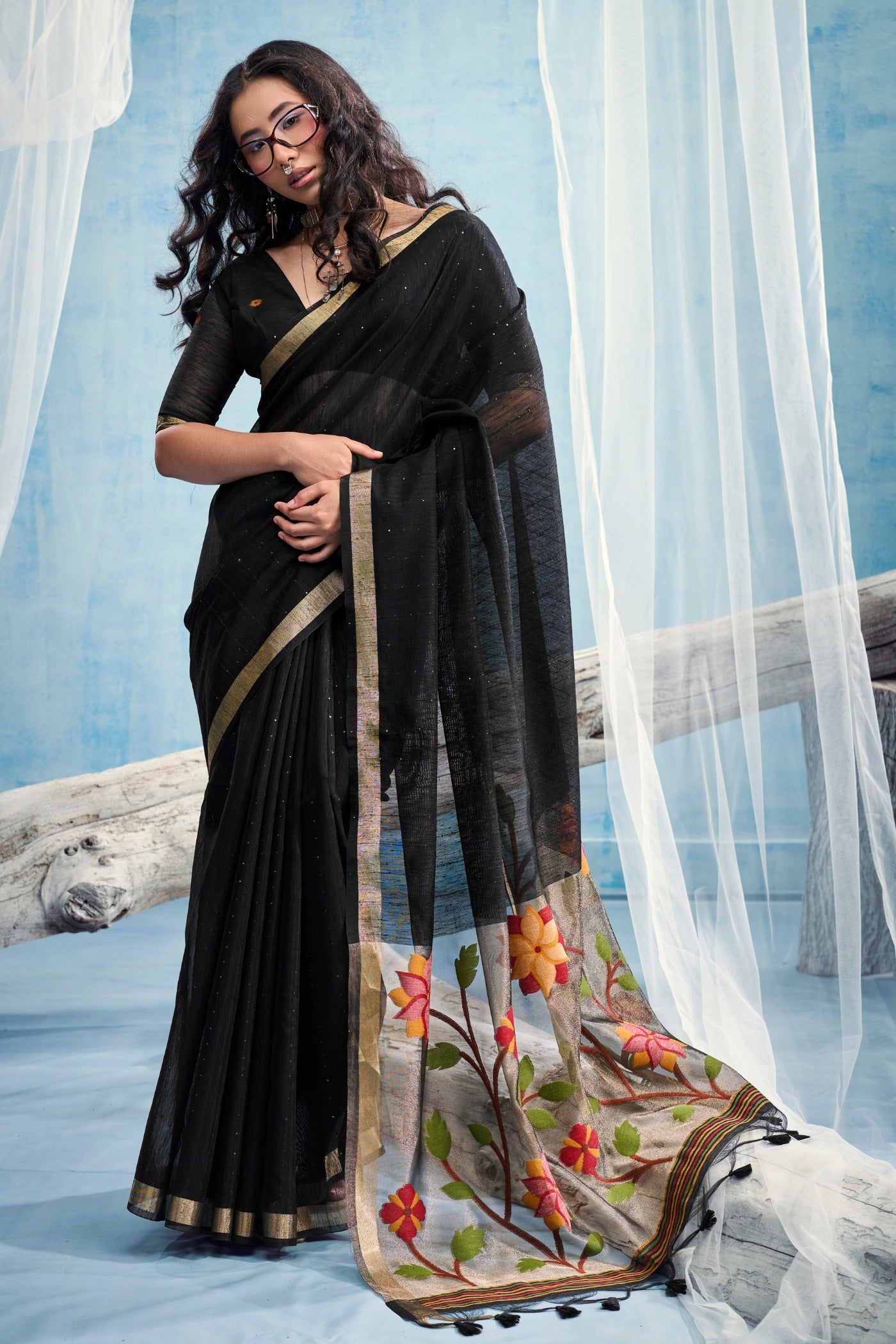 Buy MySilkLove Black Bean Munga Handloom Tissue Pallu Saree Online