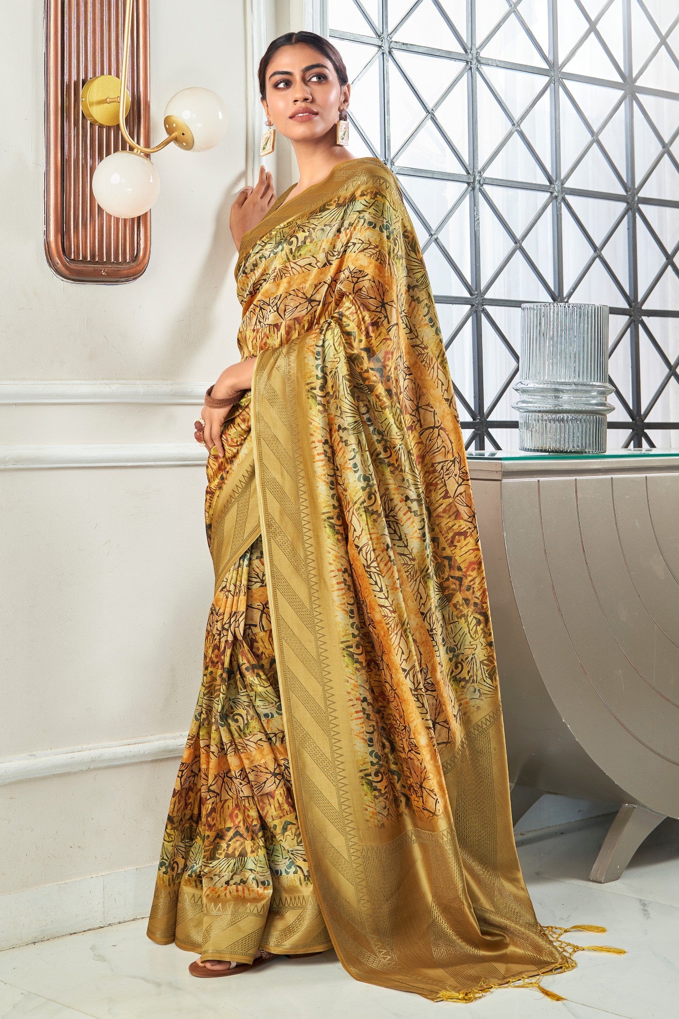 Buy MySilkLove Aztec Gold Digital Printed Banarasi Saree Online