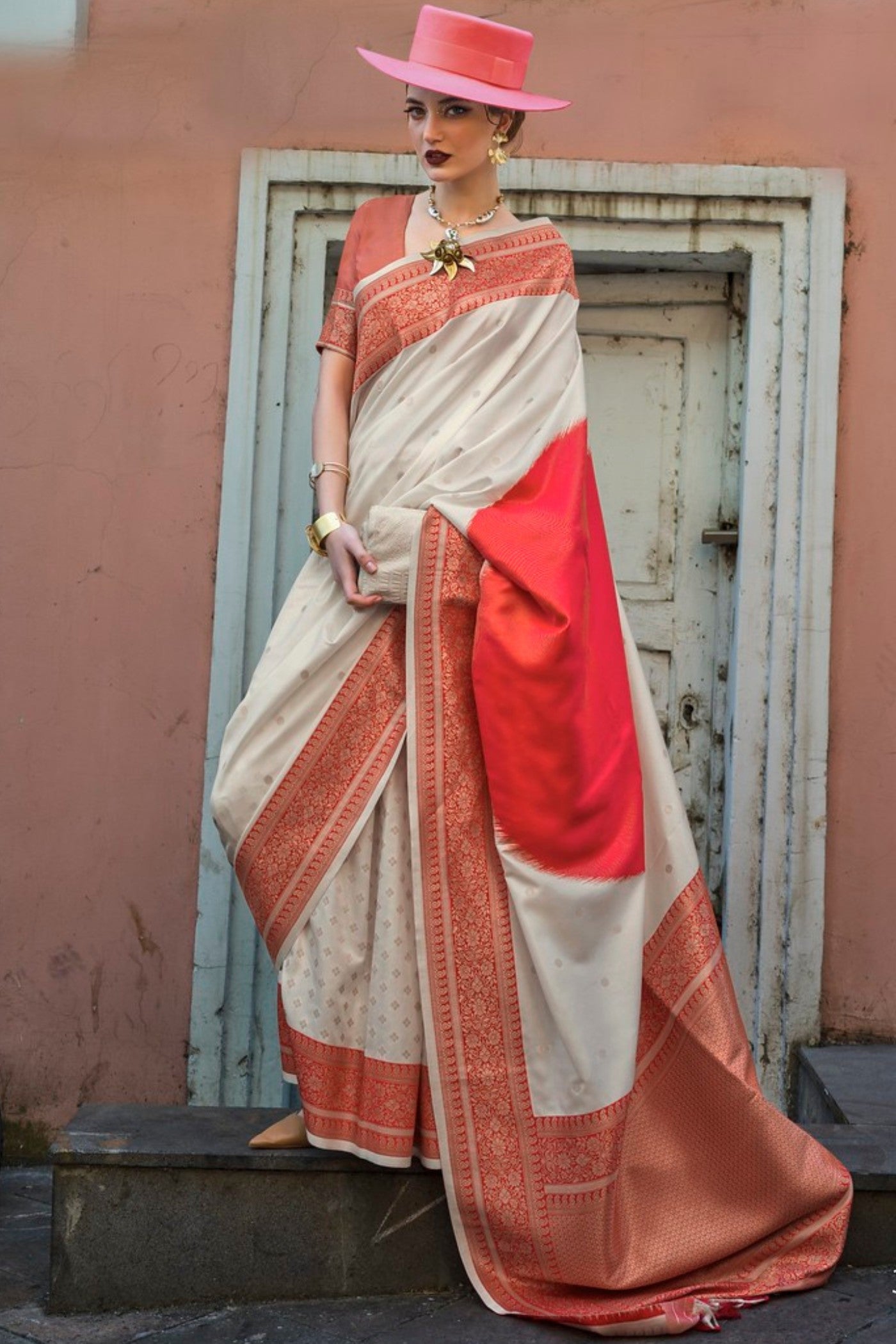 Buy MySilkLove Butter Cream and Red Banarasi Handloom Saree Online