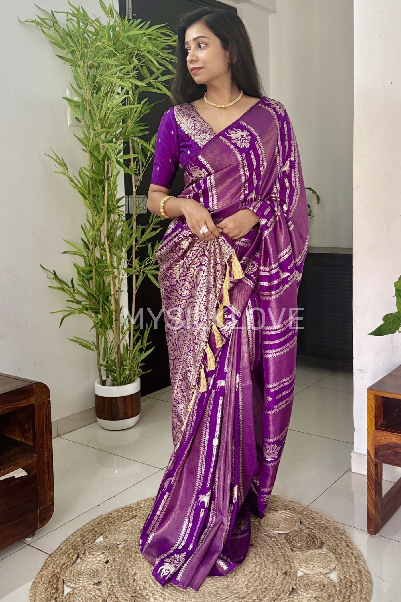 Buy MySilkLove Royal Purple Deer Design Woven Banarasi Silk Saree Online