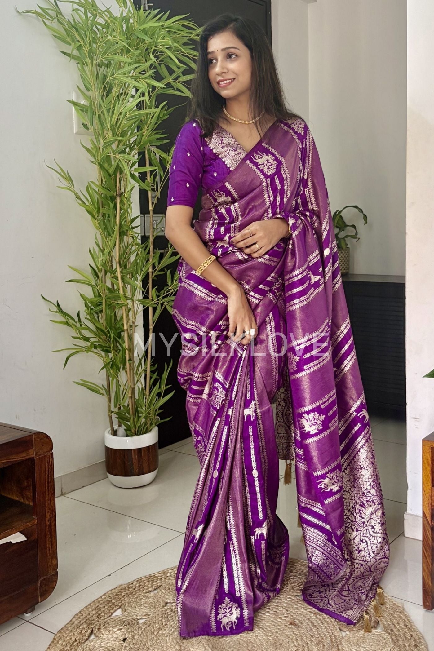 Buy MySilkLove Royal Purple Deer Design Woven Banarasi Silk Saree Online