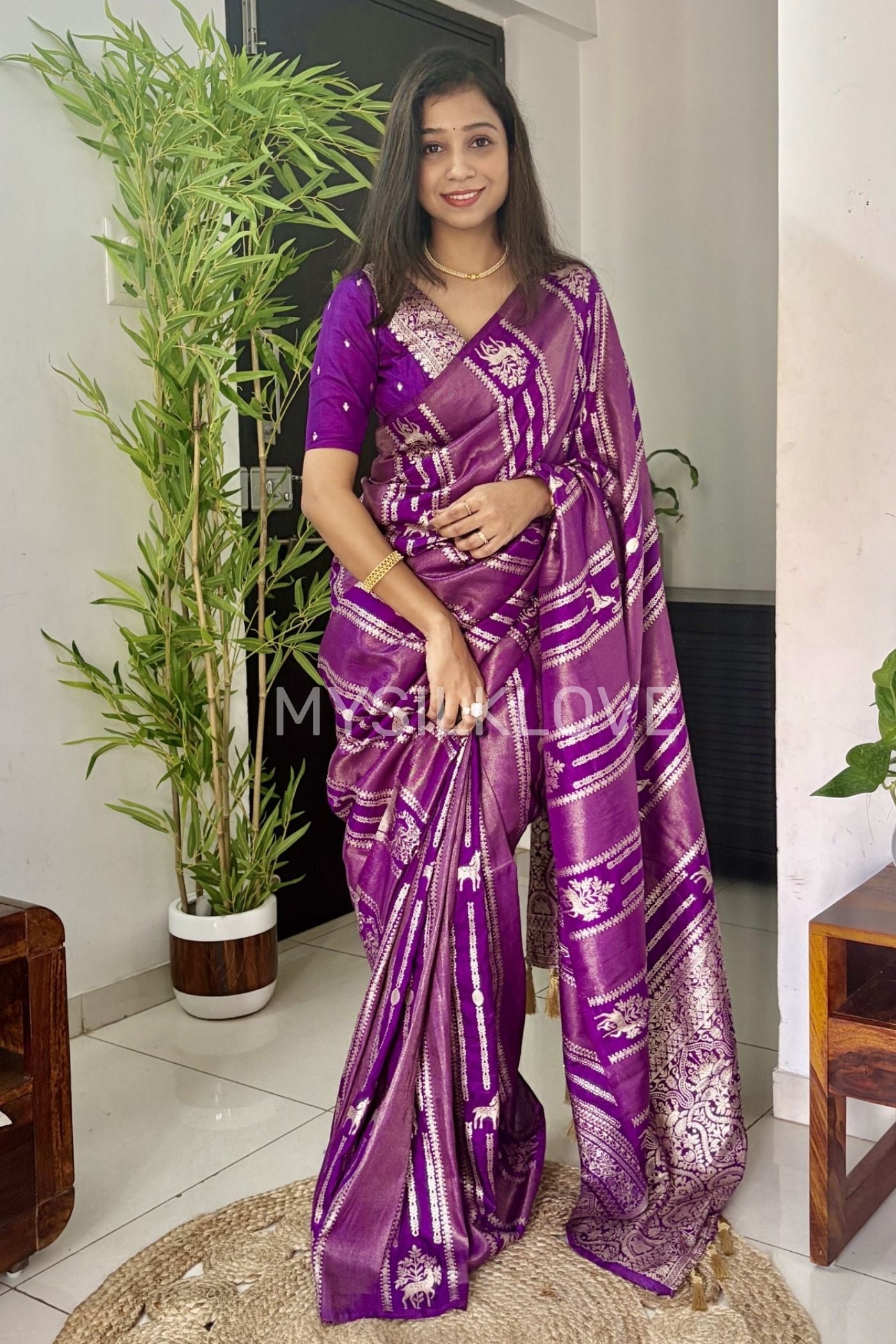 Buy MySilkLove Royal Purple Deer Design Woven Banarasi Silk Saree Online
