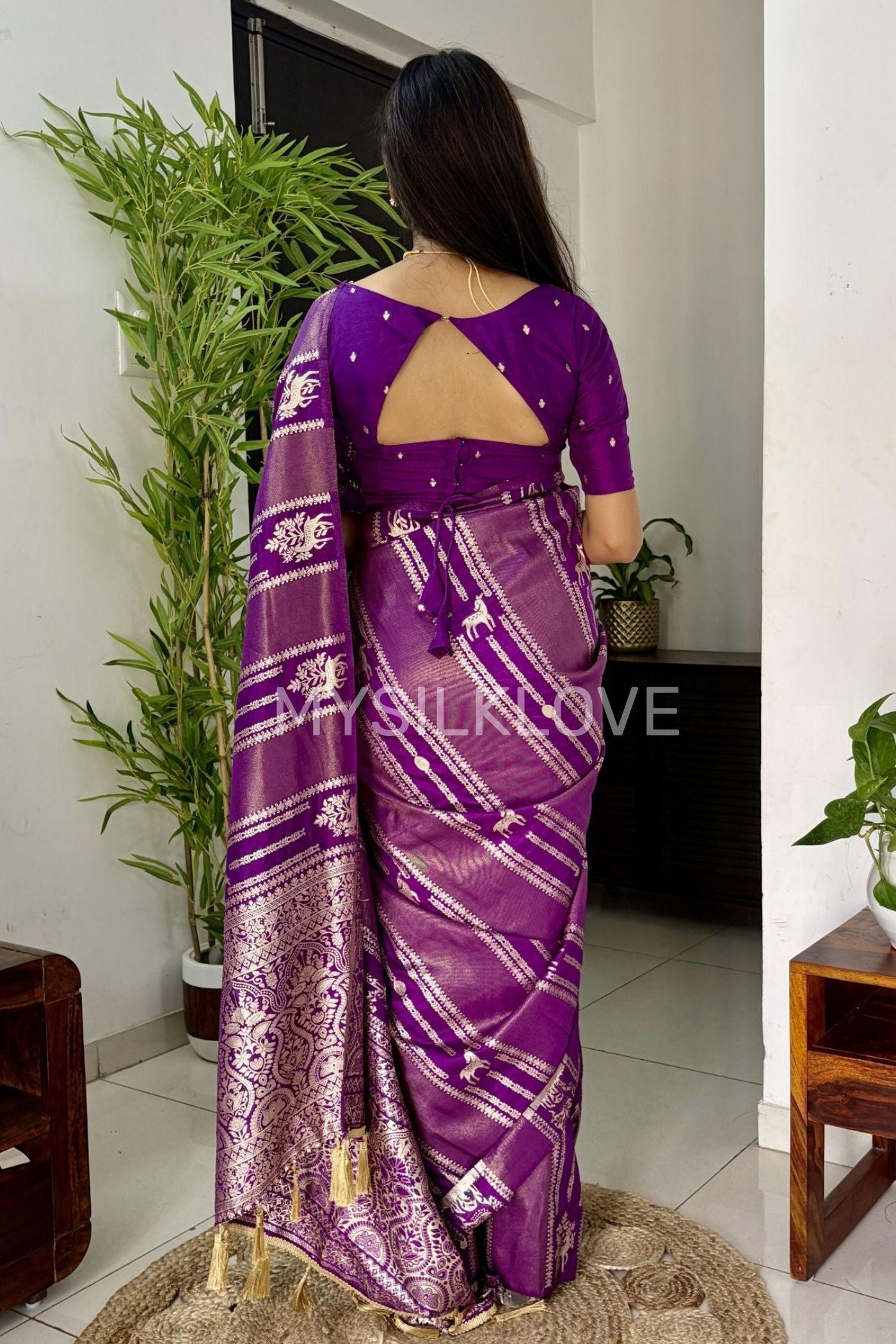 Buy MySilkLove Royal Purple Deer Design Woven Banarasi Silk Saree Online