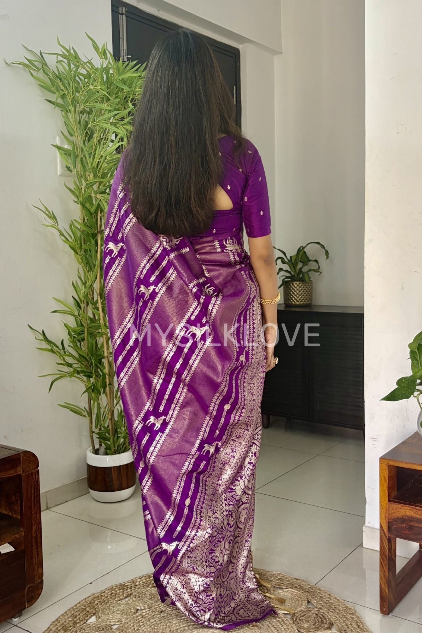 Buy MySilkLove Royal Purple Deer Design Woven Banarasi Silk Saree Online