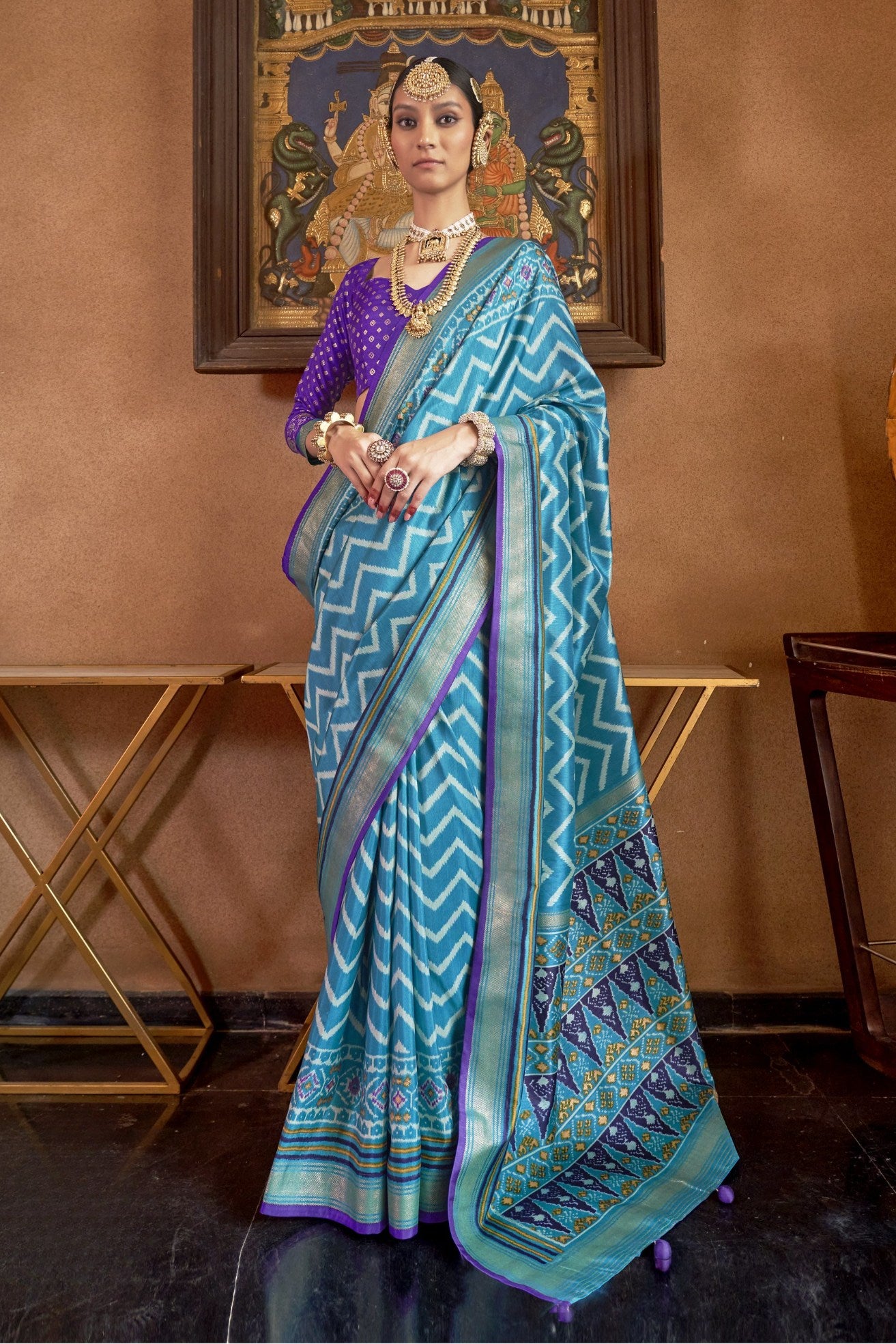 Buy MySilkLove Hippie Blue Printed Patola Saree Online