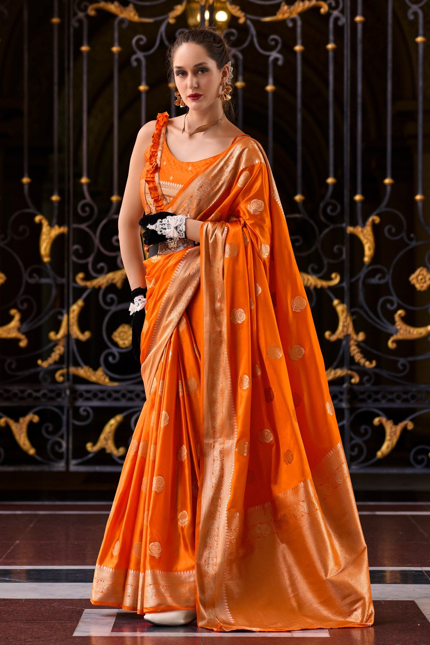 Buy MySilkLove Tia Maria Orange Handloom Satin Banarasi Saree Online