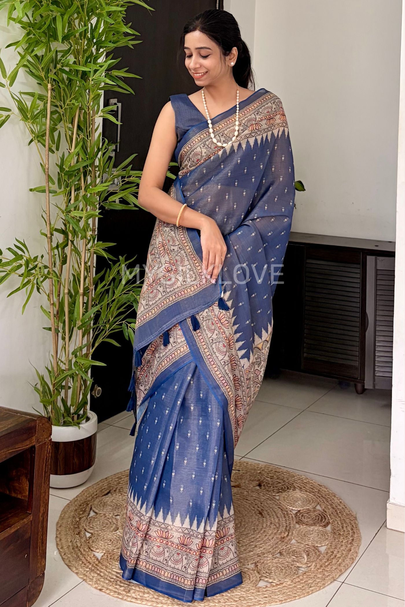 Buy MySilkLove Blue Kalmakari Linen Cotton Printed Saree Online
