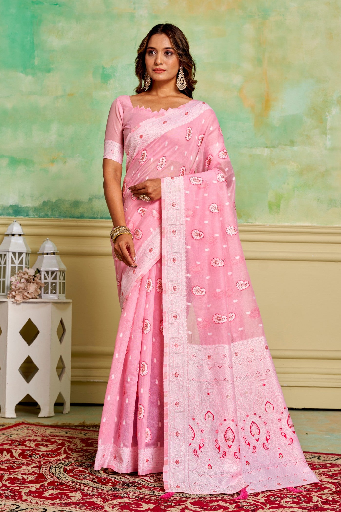 Buy MySilkLove Pastel Pink Woven Cotton Saree Online