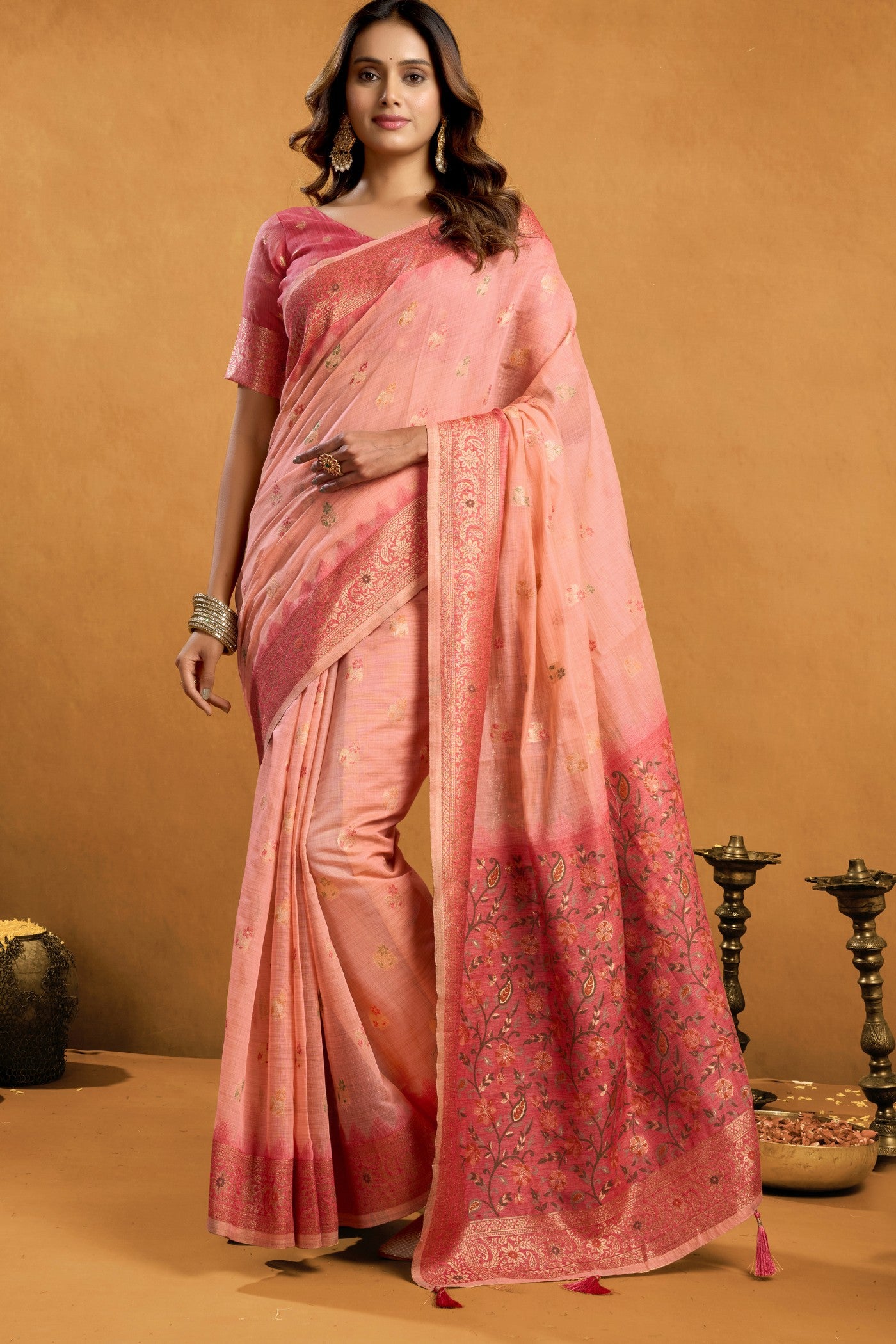 Buy MySilkLove Tonys Peach Handloom Cotton Saree Online