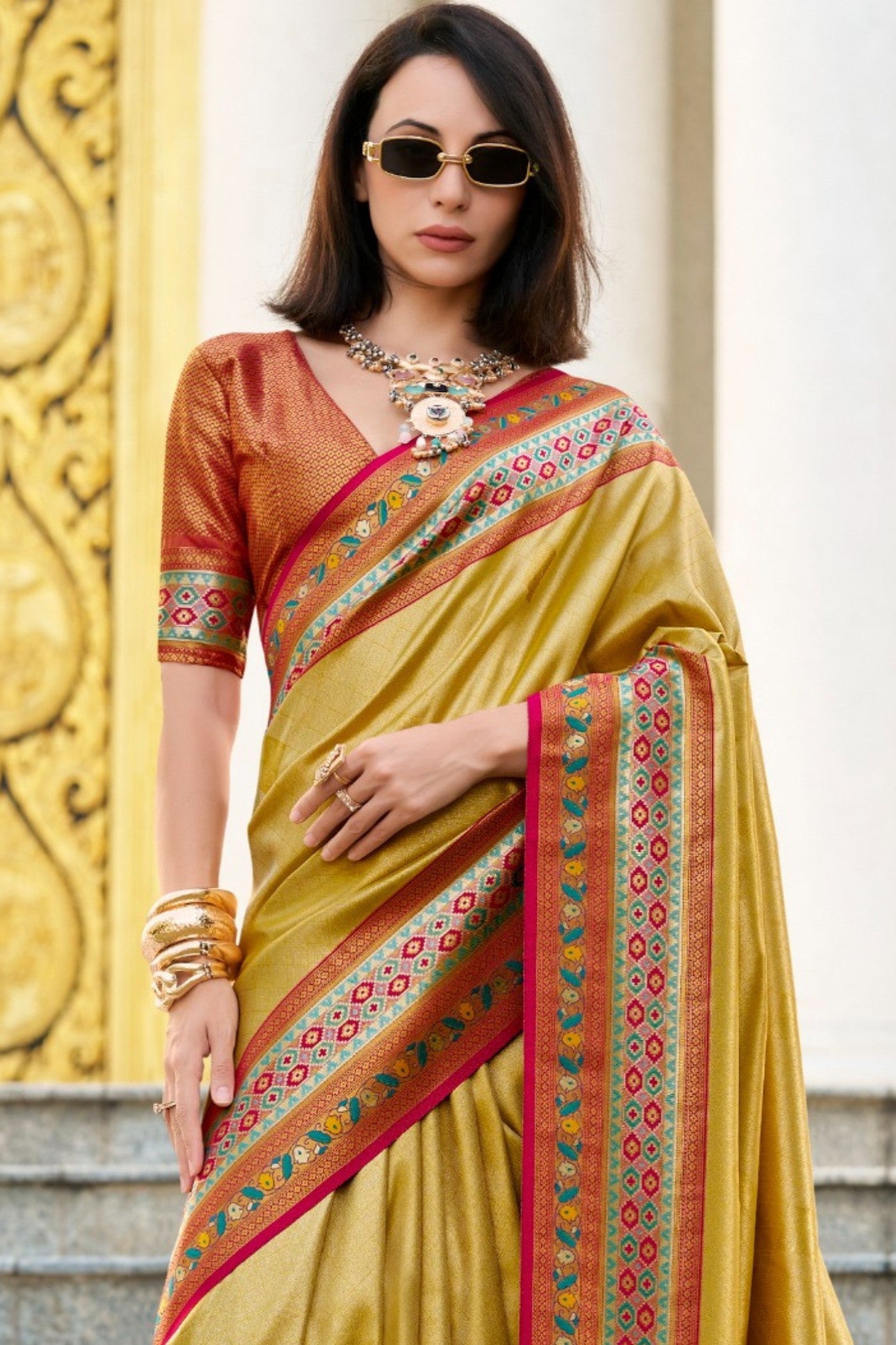 Buy MySilkLove Munsell Yellow Tissue Handloom Saree Online