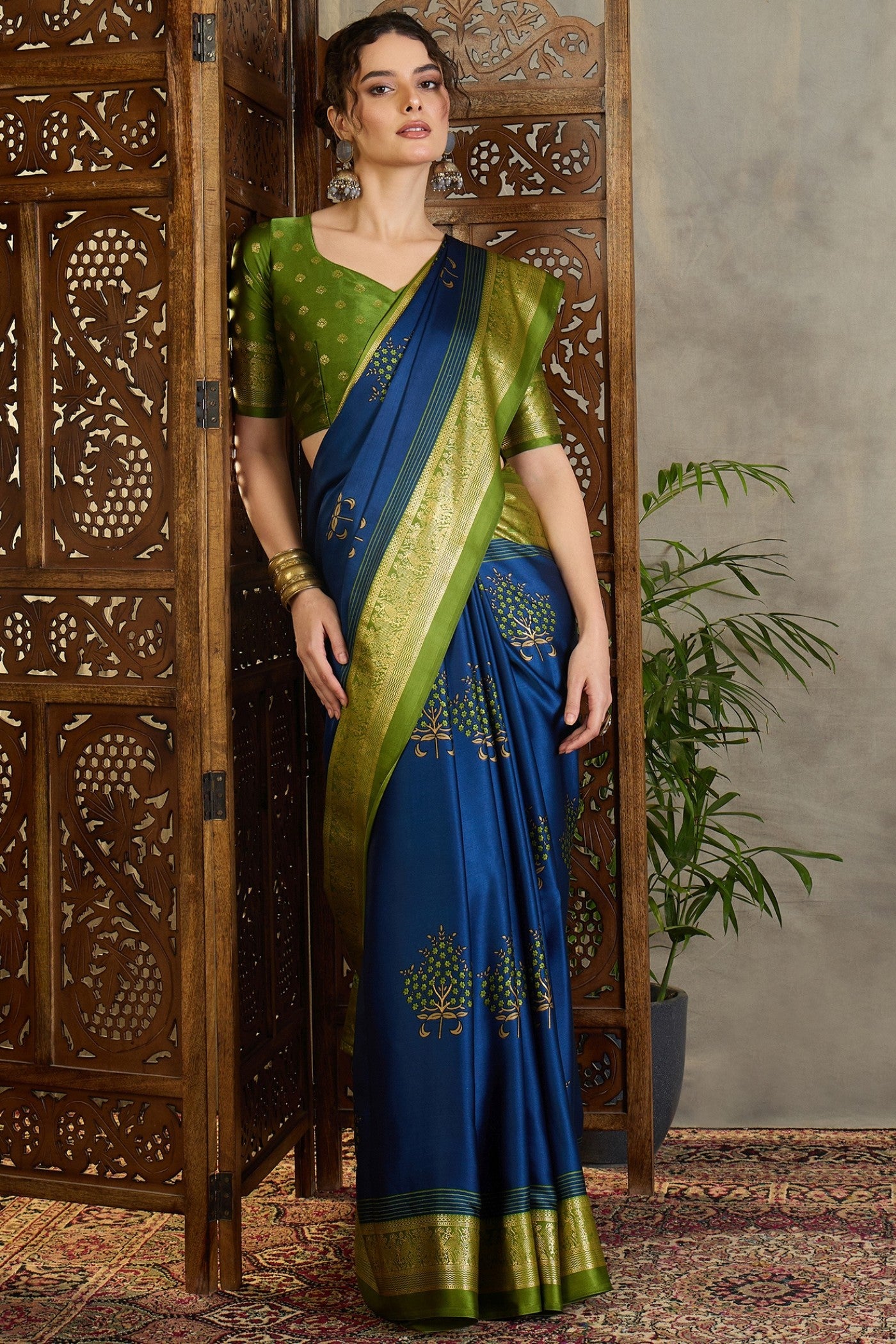 Buy MySilkLove Tidal Blue and Green Printed Satin Crepe Silk Saree Online