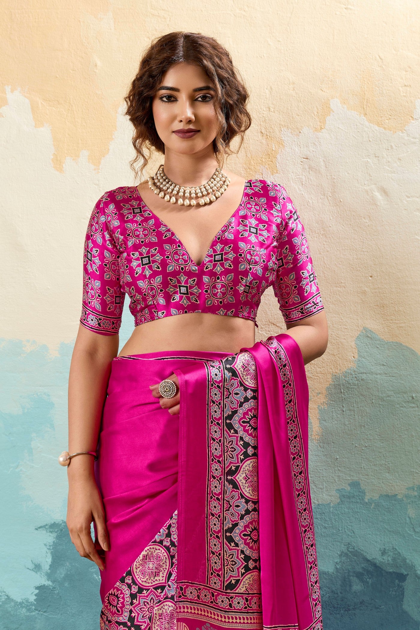 Buy MySilkLove Bubblegum Pink Modal Ajrakh Satin Printed Silk Saree Online
