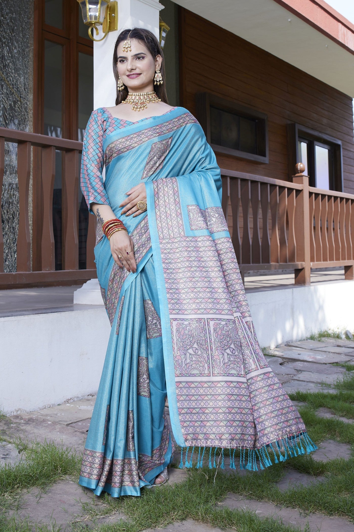 Buy MySilkLove Butterfly Blue Banarasi Digital Printed Saree Online