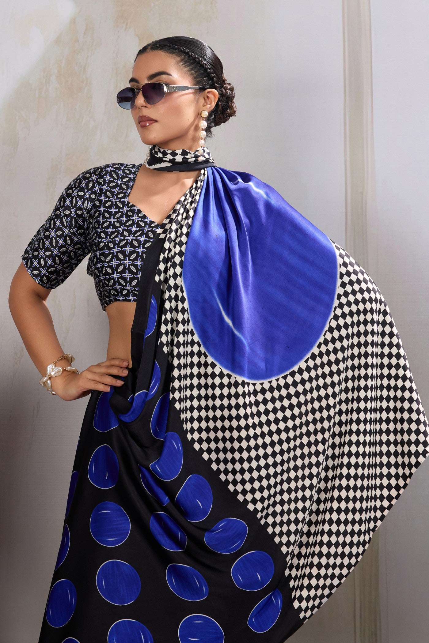 Buy MySilkLove Electric Blue Printed Polka Dots Satin Crepe Saree Online