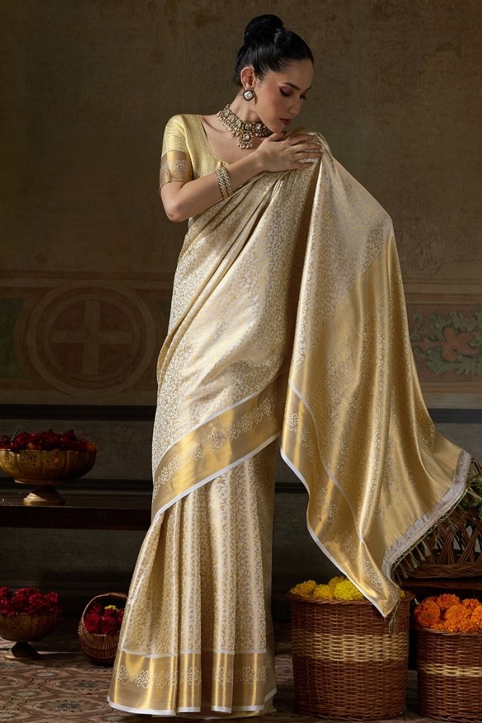 Buy MySilkLove Oyster White Woven Kanjivaram Saree Online