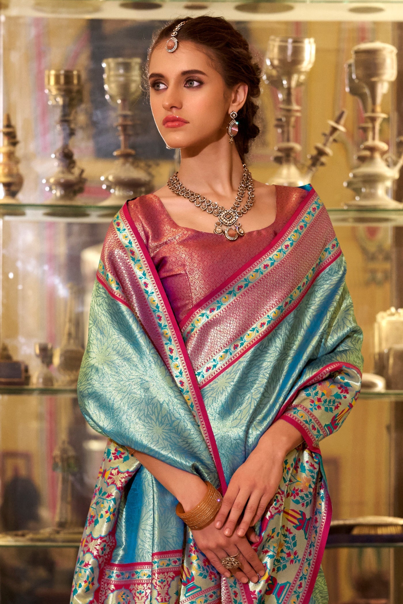 Buy MySilkLove Neptune Blue Woven Tissue Silk Saree Online