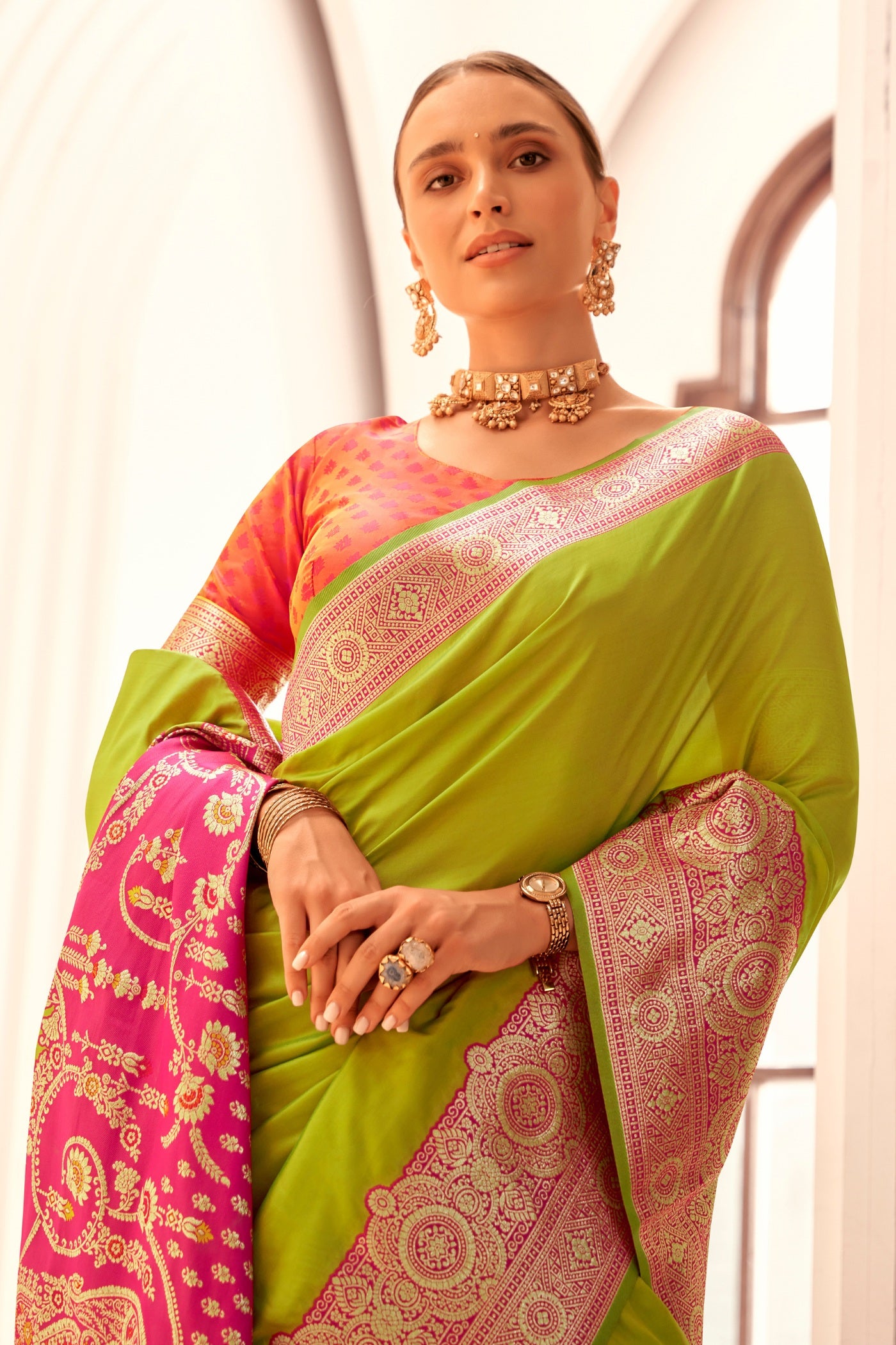 MySilkLove Spring Green Woven Banarasi Soft Silk Saree