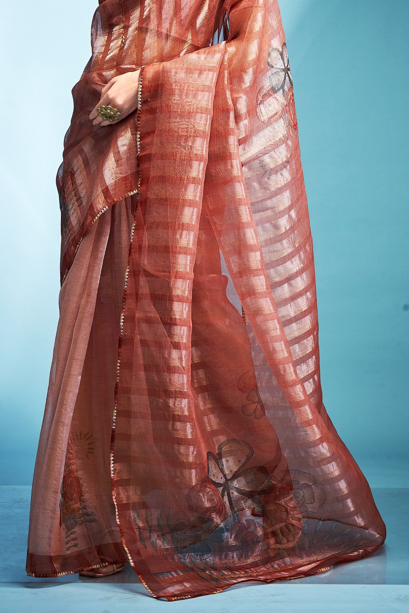 Buy MySilkLove Rust Orange Printed Tissue Saree Online