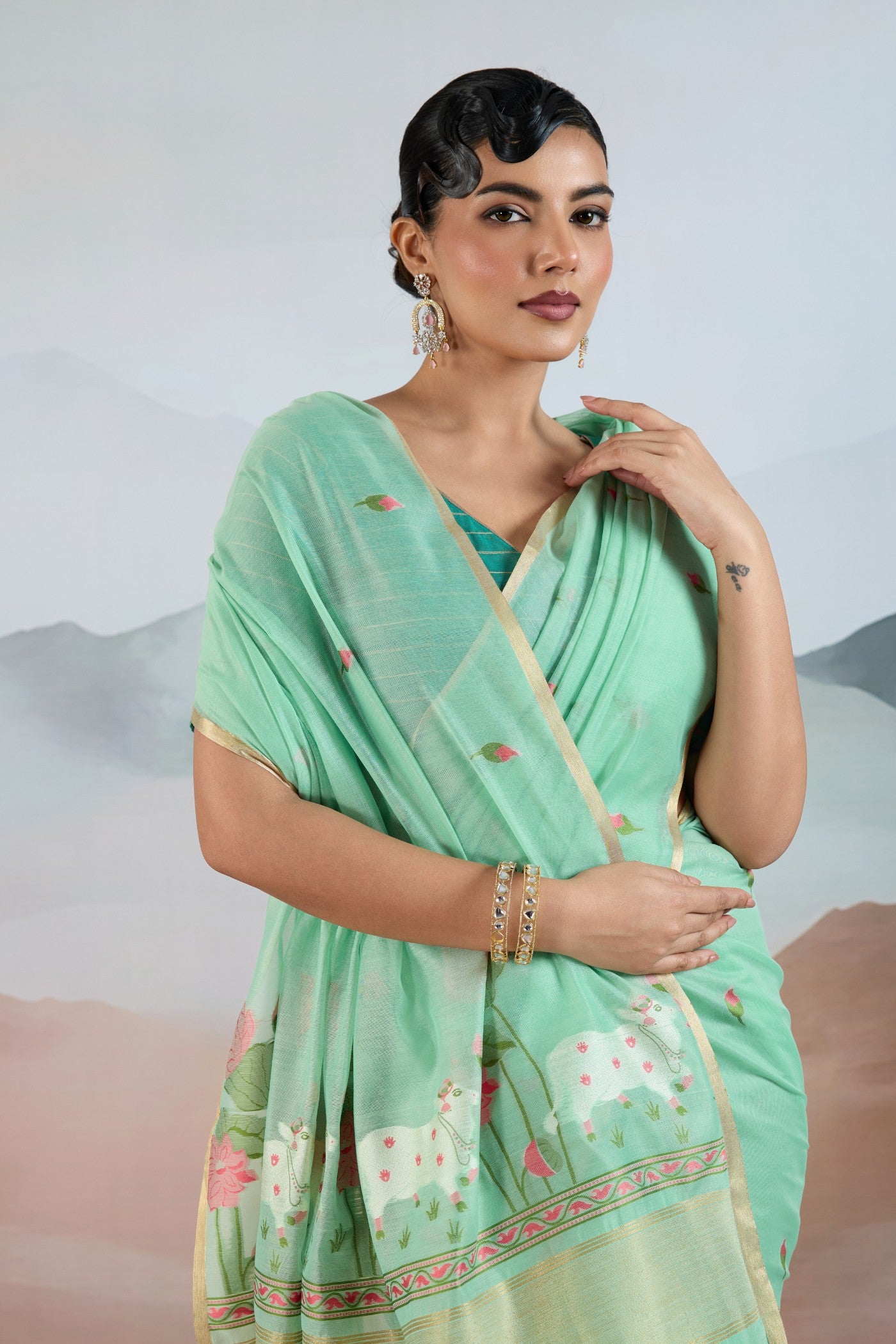 MySilkLove Spring Green Cotton Handloom Pichwai Saree