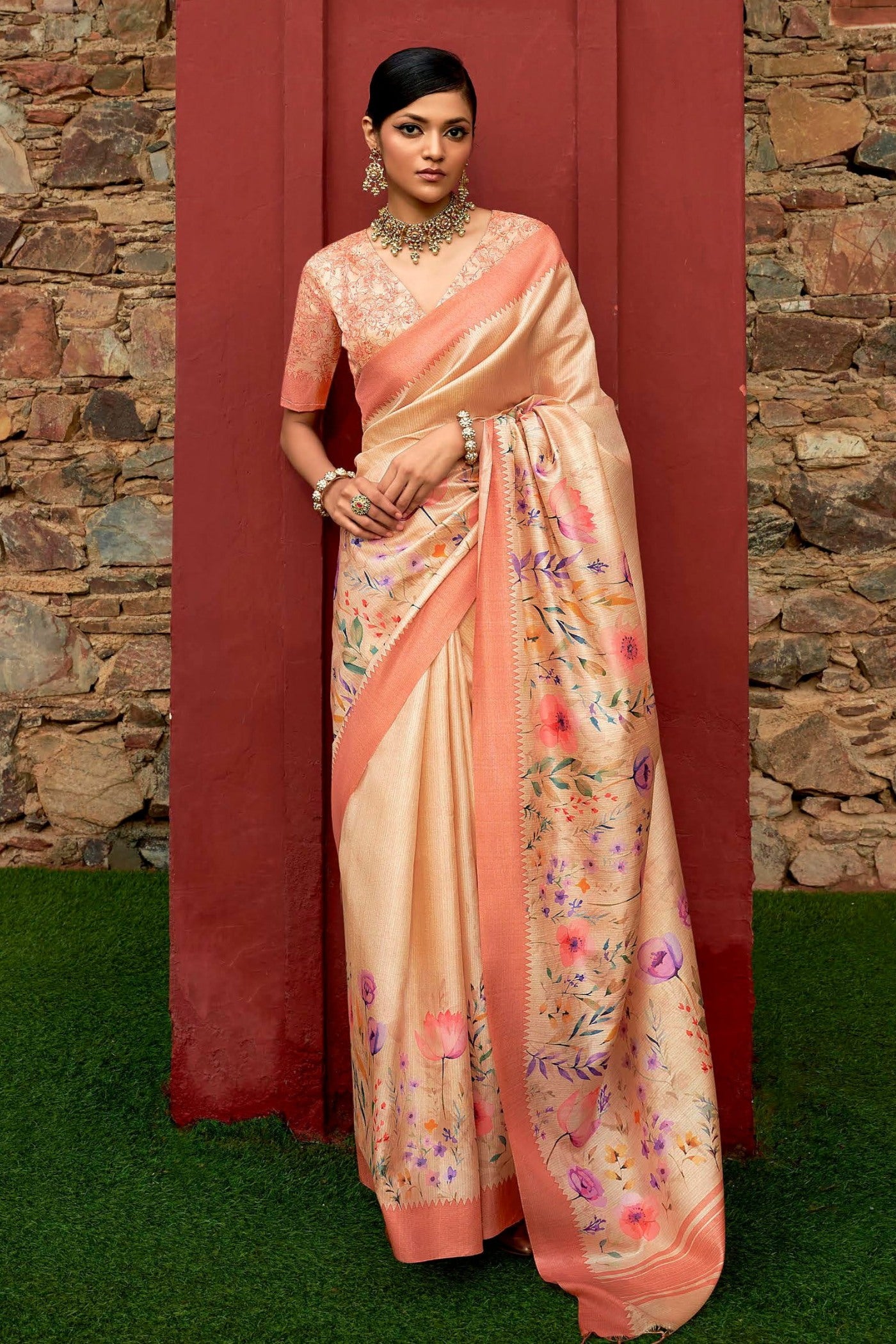 Buy MySilkLove Peach Orange Digital Printed Banarasi Saree Online