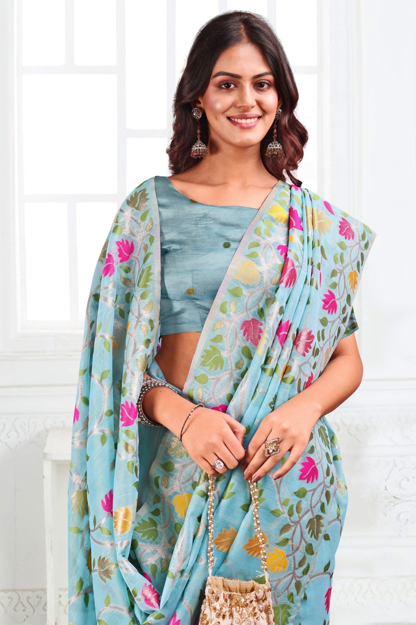 MySilkLove Cloudy Blue Woven Linen Cotton Saree