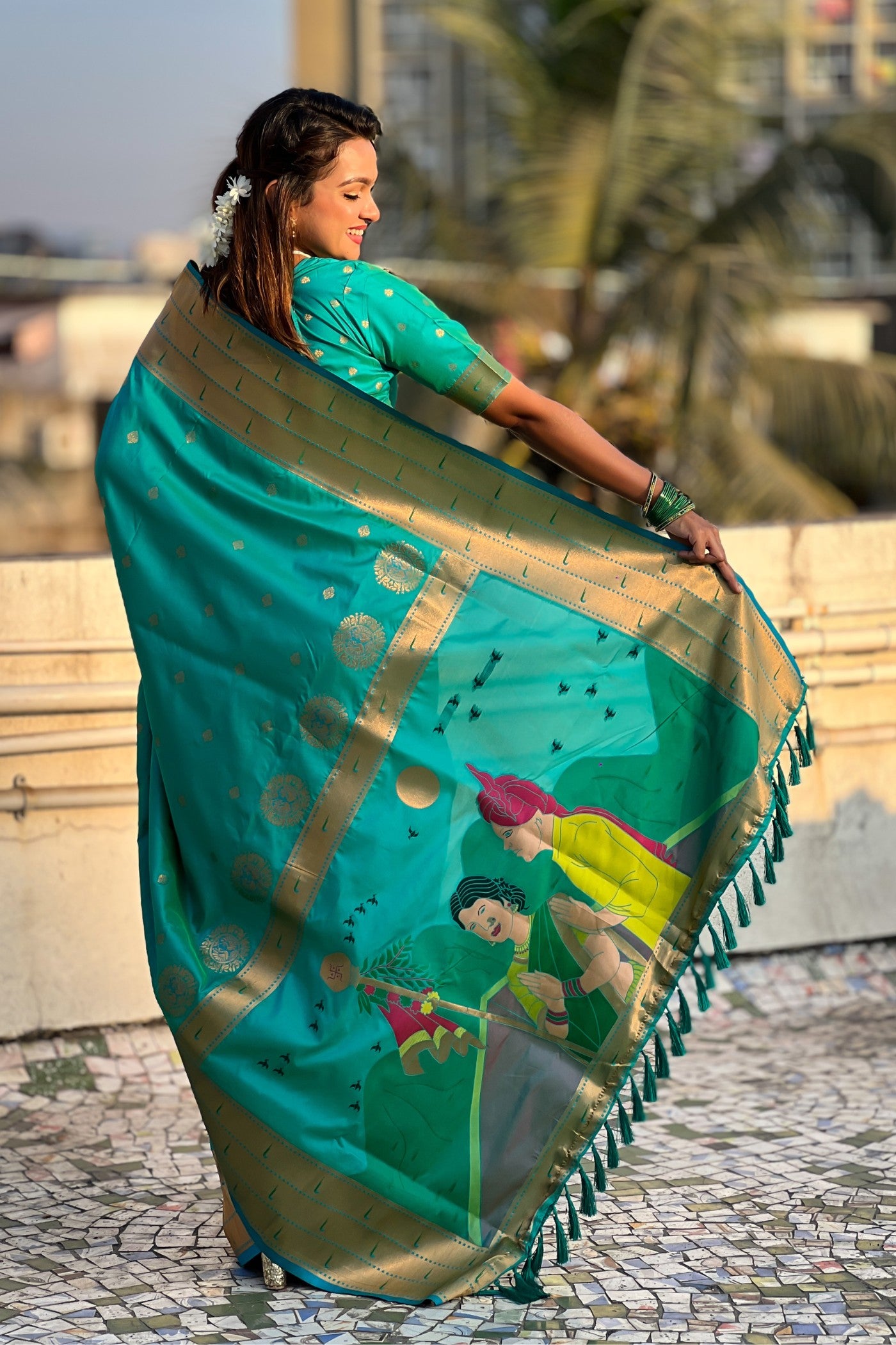 Buy MySilkLove Blue Stone Woven Paithani Saree Online