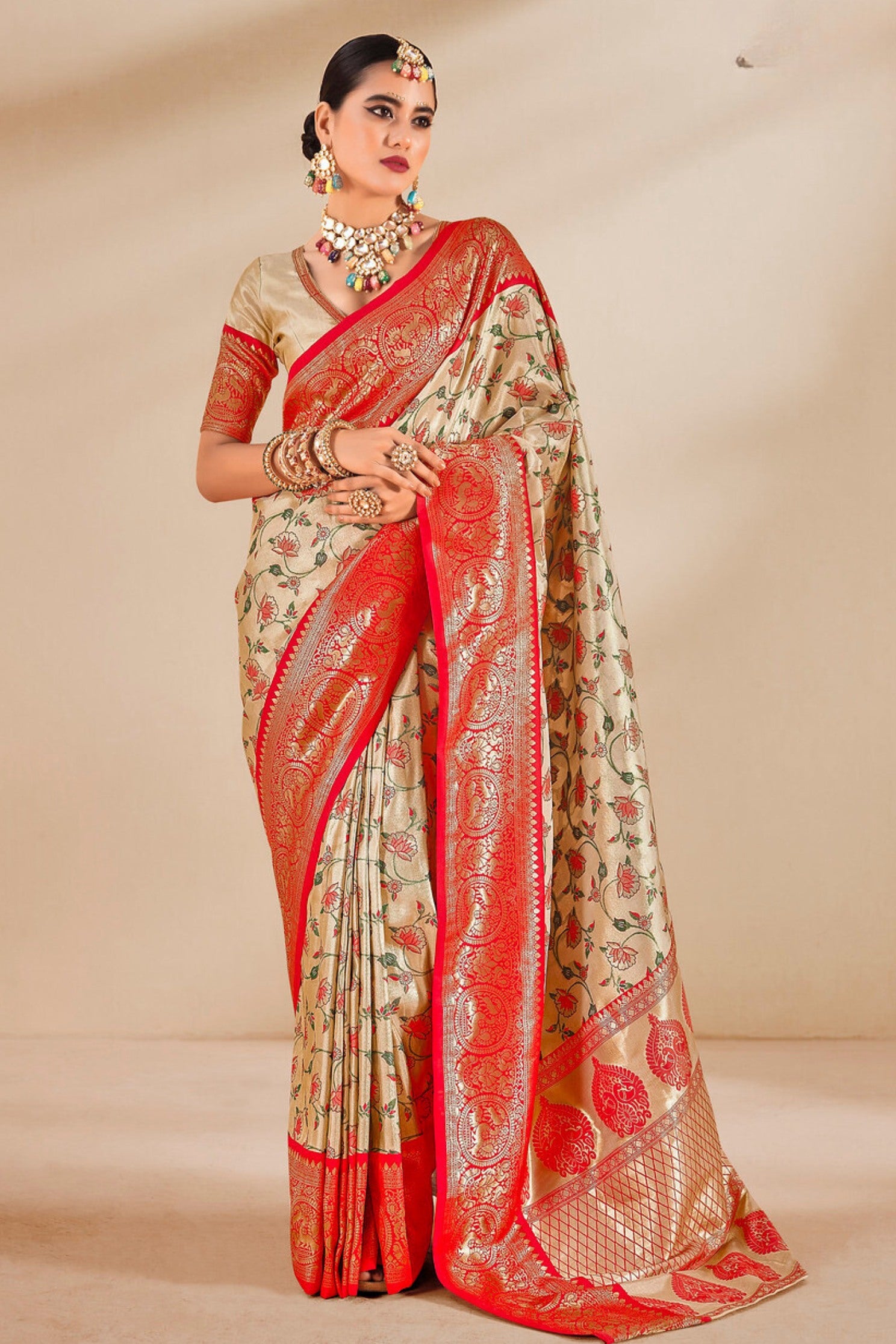 Buy MySilkLove Apricot Cream and Red Zari Woven Banarasi Saree Online