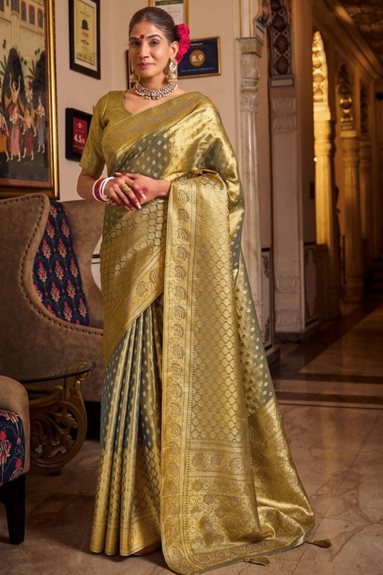 Buy MySilkLove Mist Green Zari Woven Banarasi Saree Online