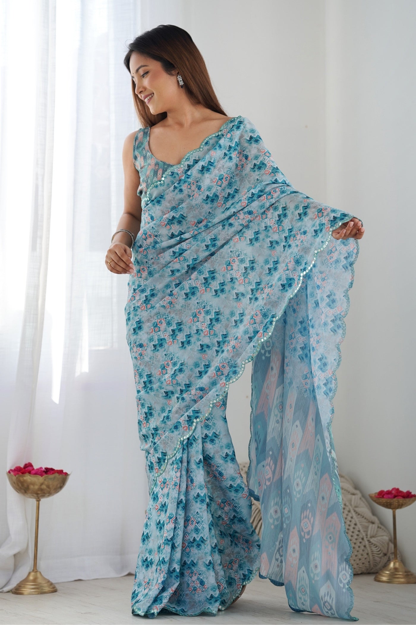 Buy MySilkLove River Blue Digital Printed Chinon Saree Online