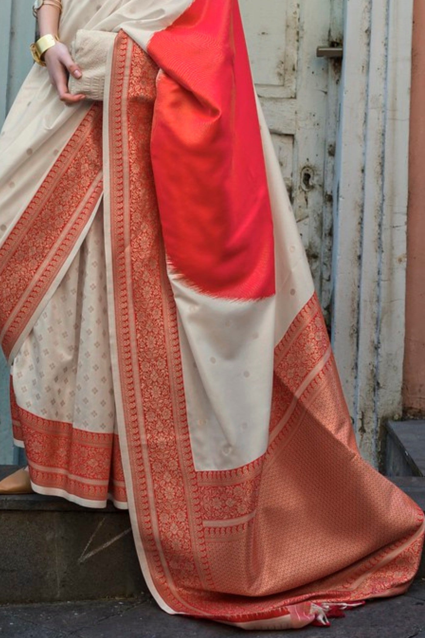 Buy MySilkLove Butter Cream and Red Banarasi Handloom Saree Online