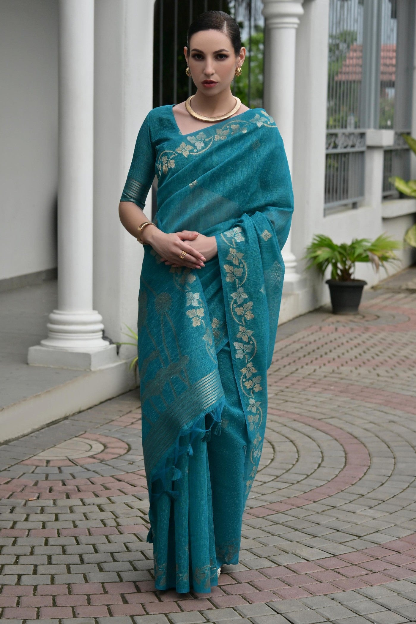 Buy MySilkLove Cybister Blue Floral Linen Silk Saree Online