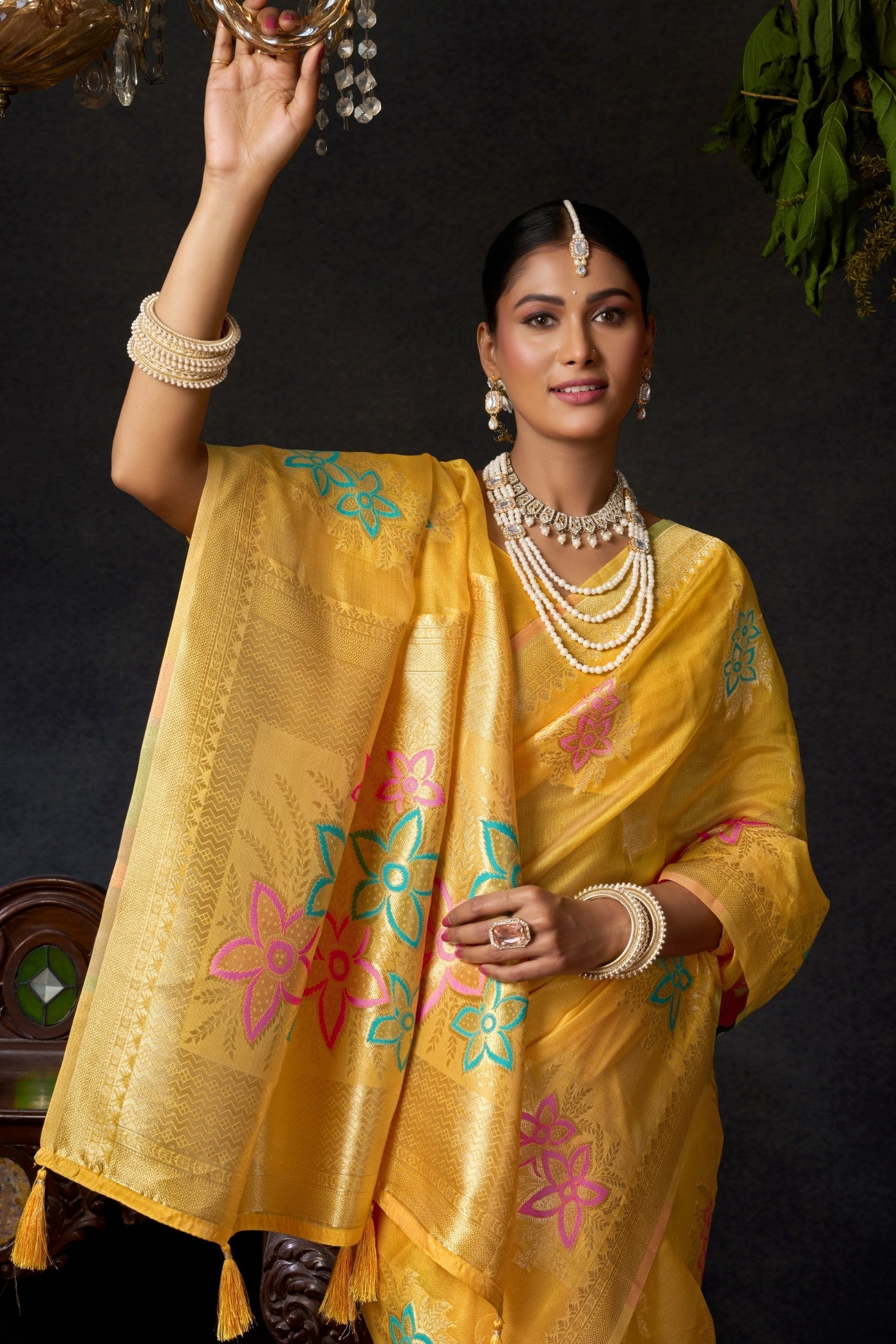 Buy MySilkLove Lemon Yellow Woven Banarasi Organza Saree Online