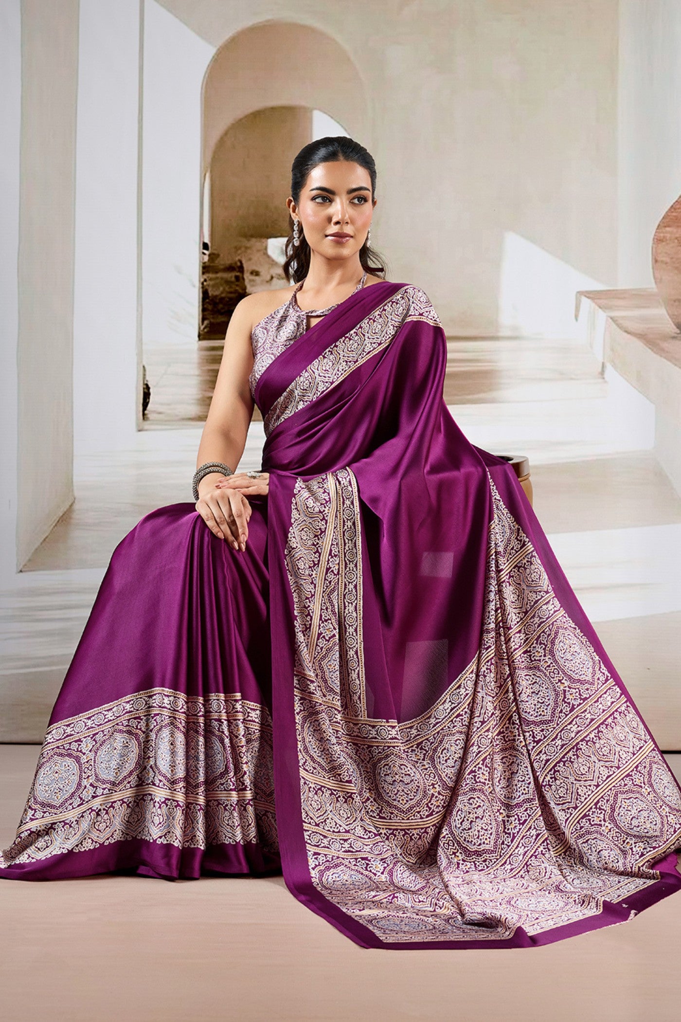 Buy MySilkLove Purple pizzazz Ajrakh Printed Satin Crepe Silk Saree Online