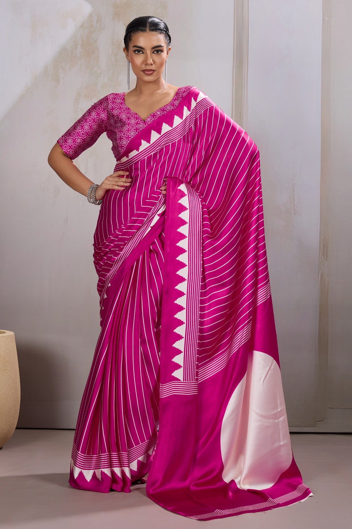 Buy MySilkLove Baby Pink Ajrakh Printed Satin Crepe Silk Saree Online