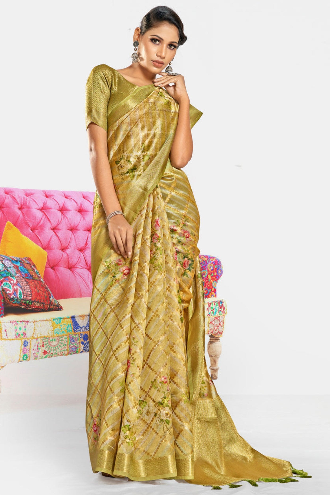 Buy MySilkLove Tulip Yellow Digital Printed Banarasi Saree Online