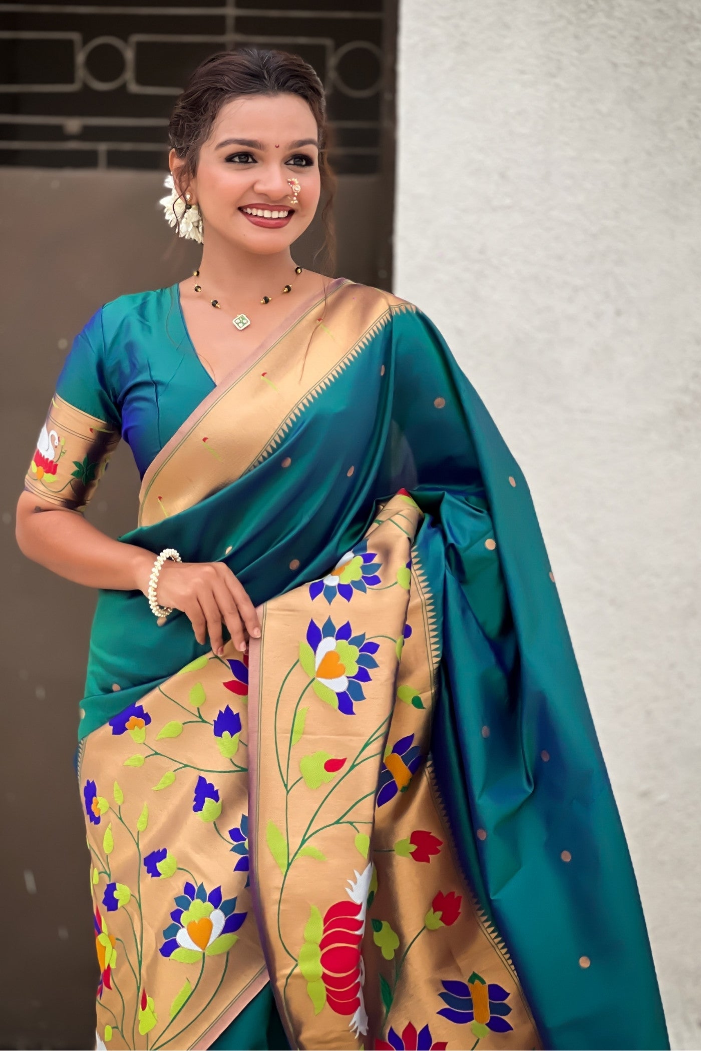 Buy MySilkLove Mint Green Woven Paithani Saree Online