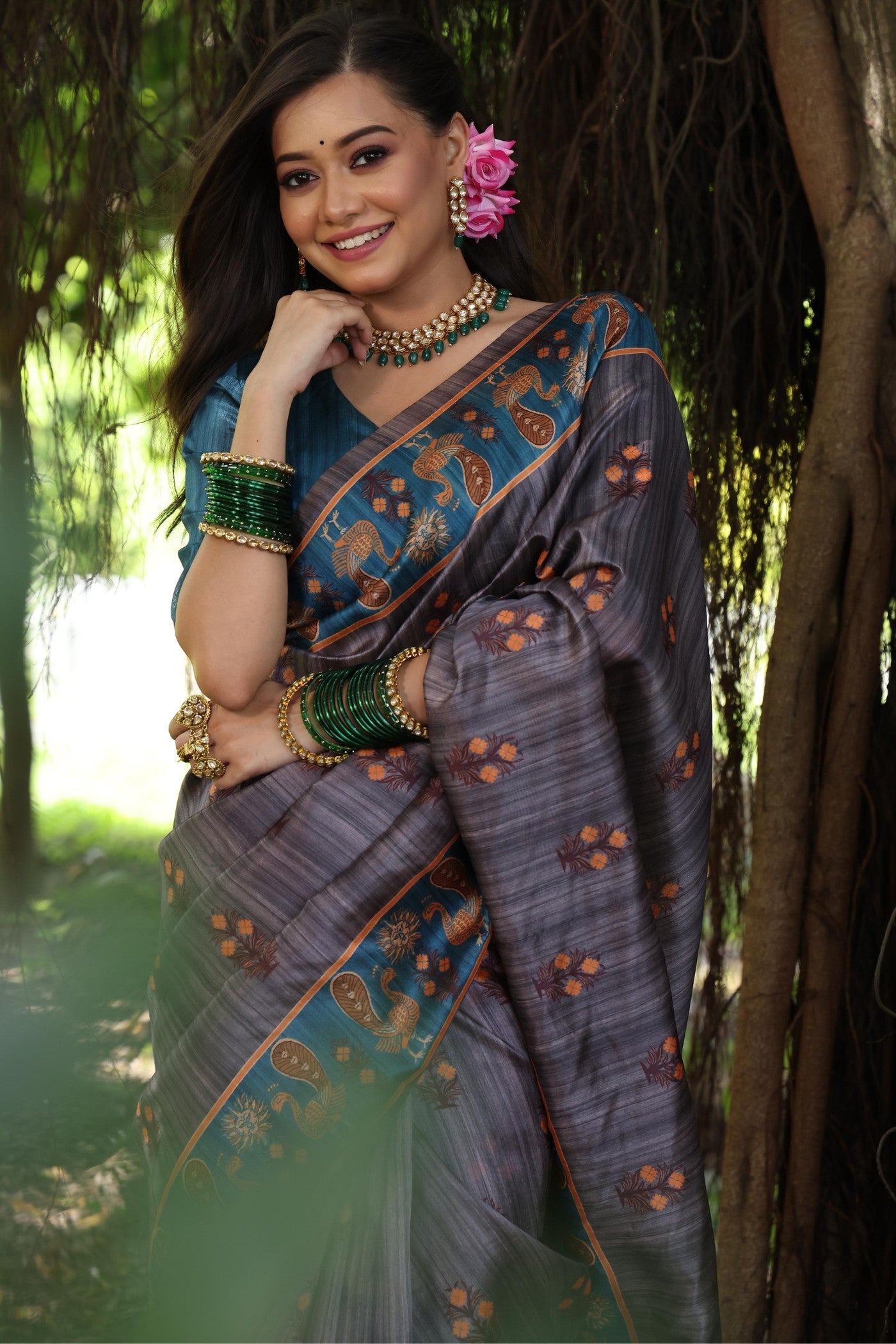 Buy MySilkLove Raisin Purple Madhubani Tussar Printed Silk Saree Online