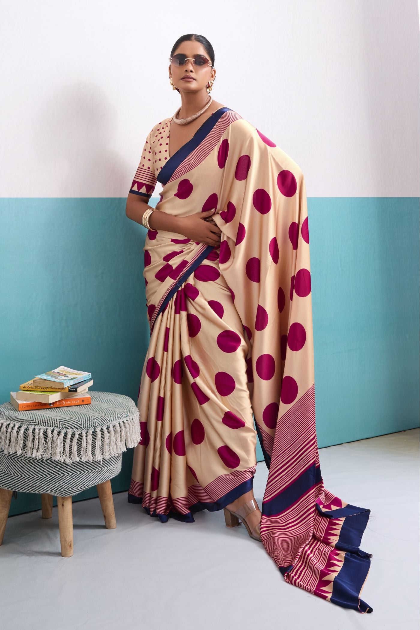 MySilkLove Grace Cream and Pink Polka Dots Satin Crepe Saree
