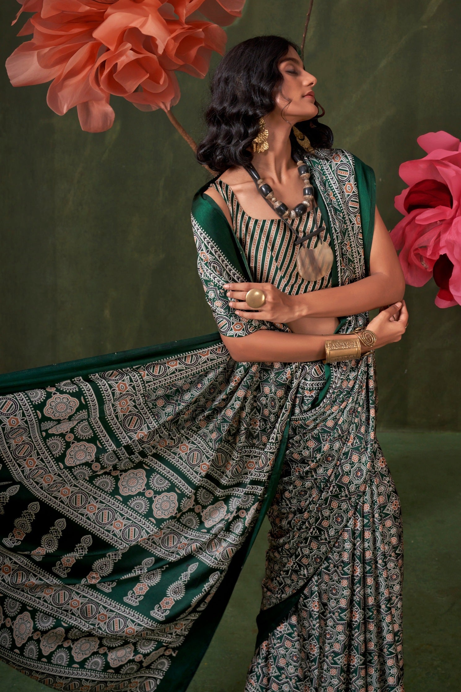 Buy MySilkLove Hunter Green Ajrakh Printed Satin Crepe Silk Saree Online