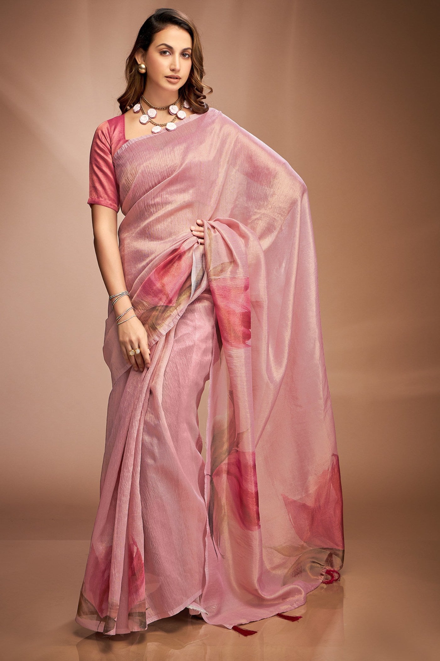 Buy MySilkLove Desert Rose Pink Printed Tissue Saree Online