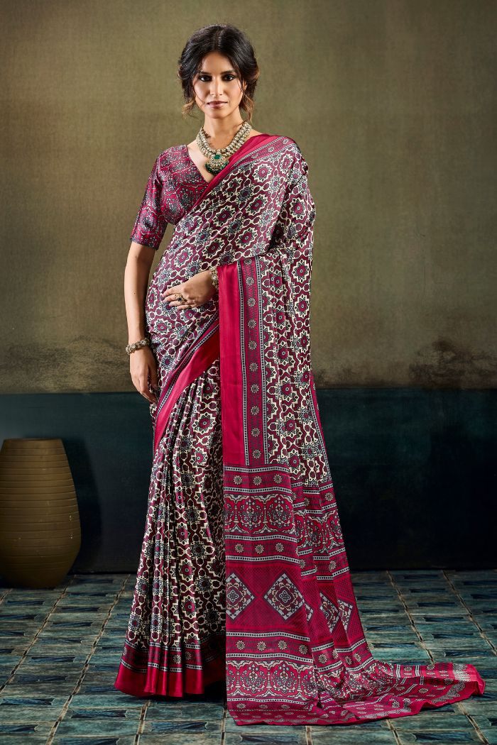 Buy MySilkLove Elegant Maroon Modal Ajrakh Satin Printed Silk Saree Online