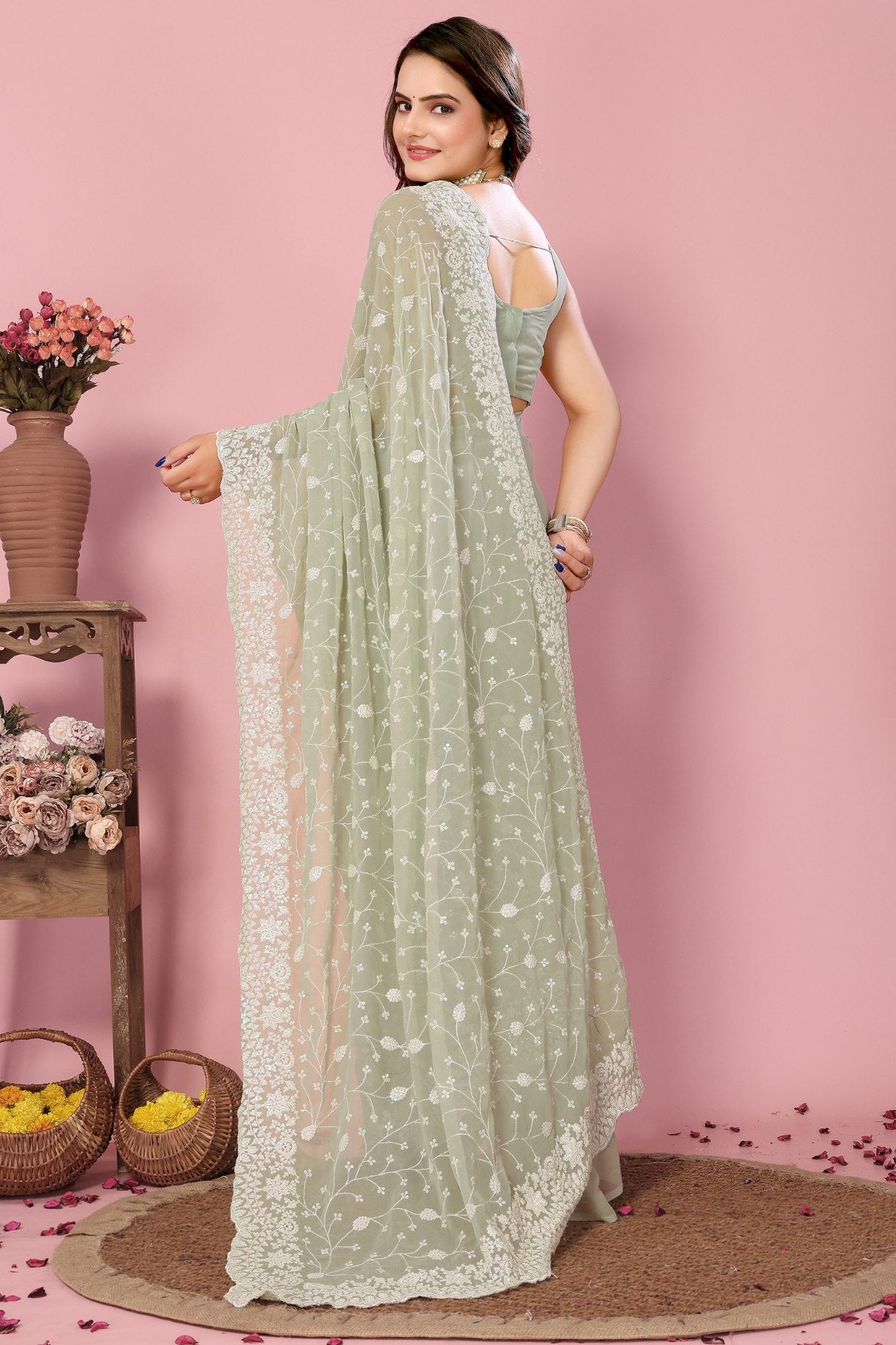 Buy MySilkLove Sisal Green Georgette Embroidered Silk Saree Online